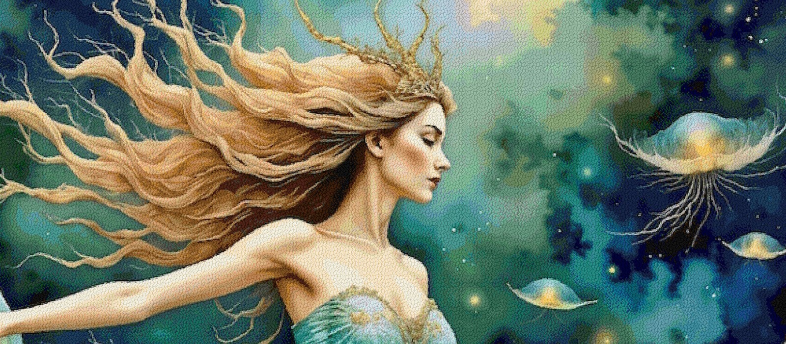 LARGE Mermaid & Jellyfish Cross Stitch Design Includes Full Pattern Keeper File
