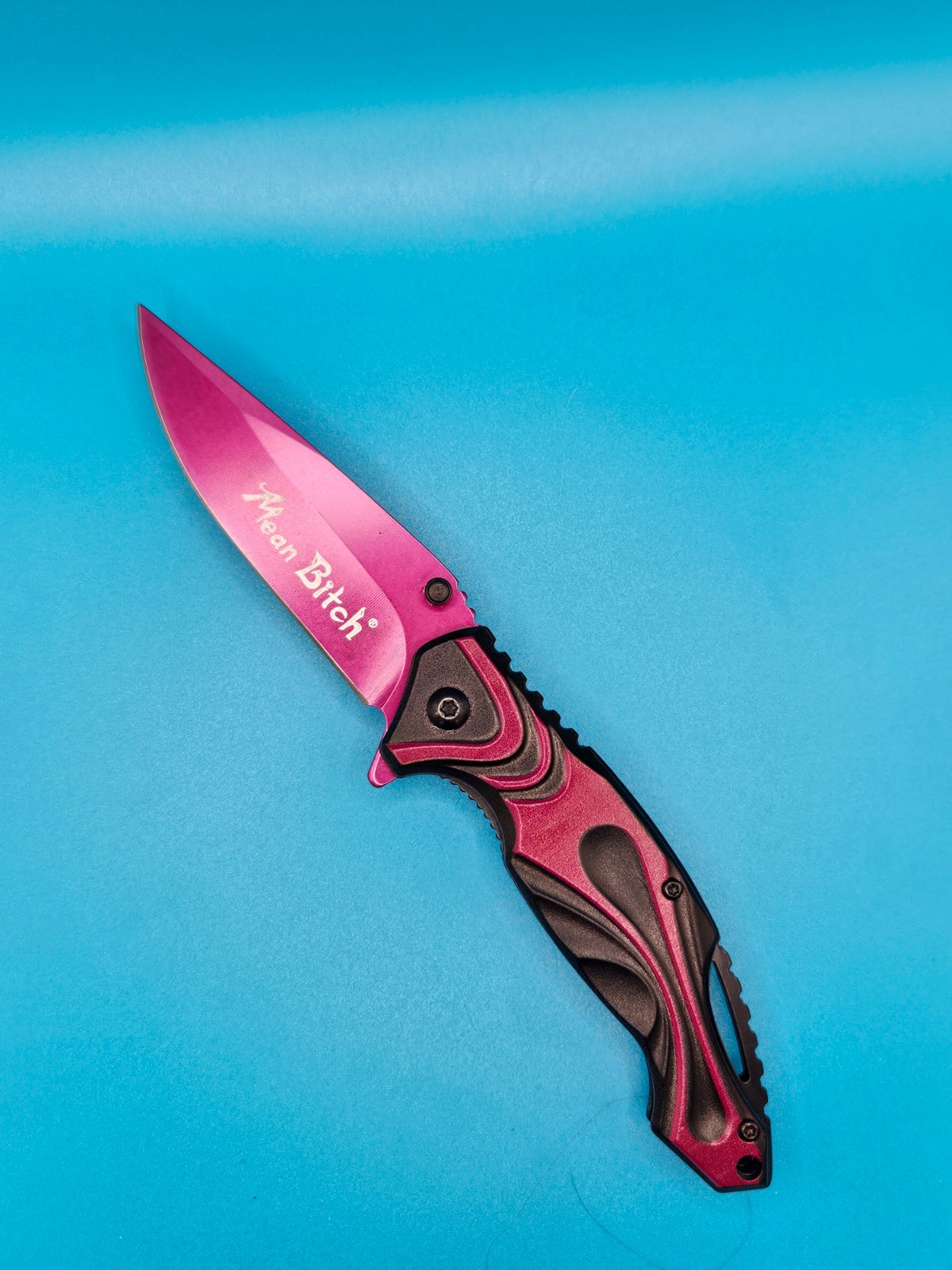 MEAN BITCH Spring Assisted Blade Knife MAGENTA AND BLACK
