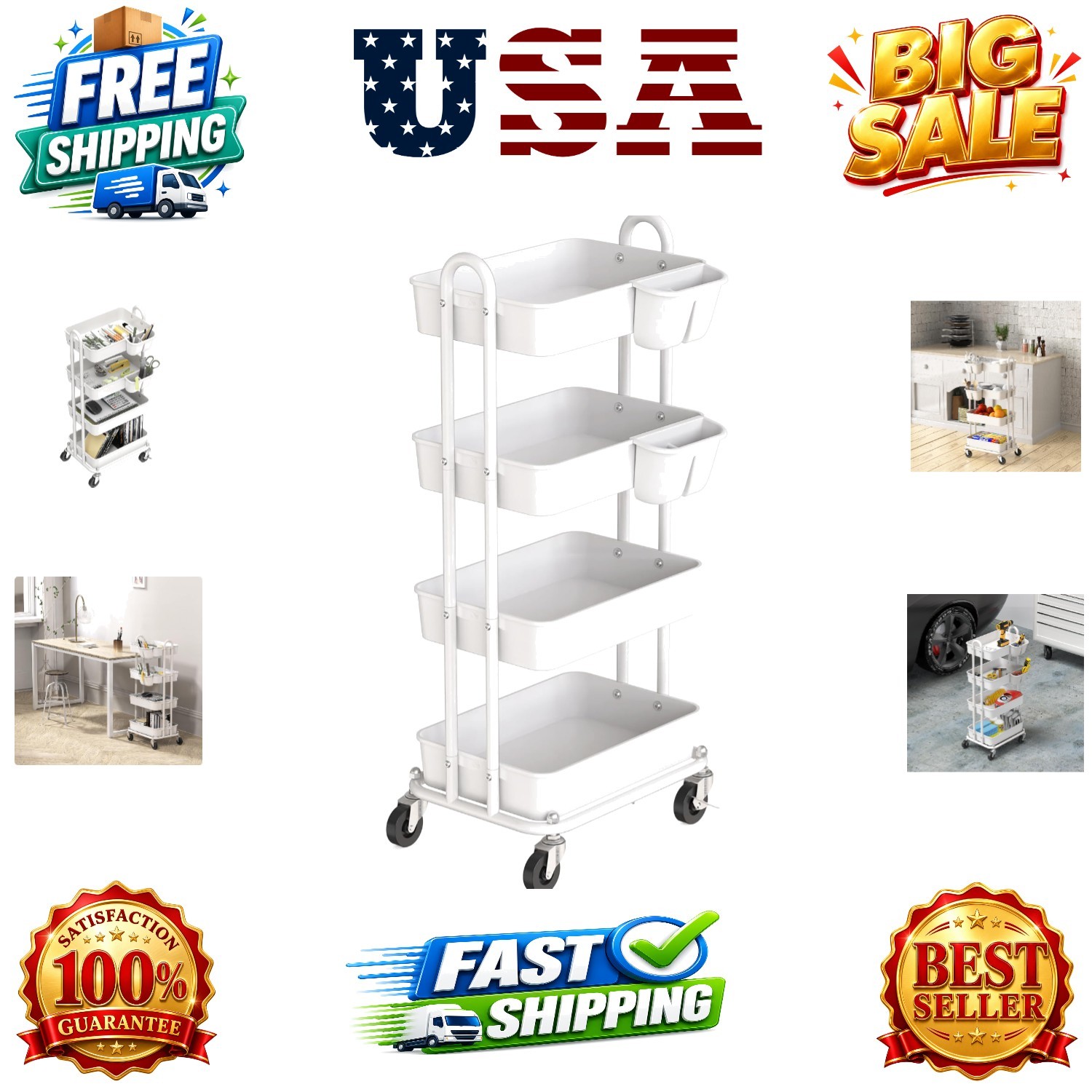 4-Tier Rolling Utility Cart with Hanging Bucket, White | Storage for Bathroom...