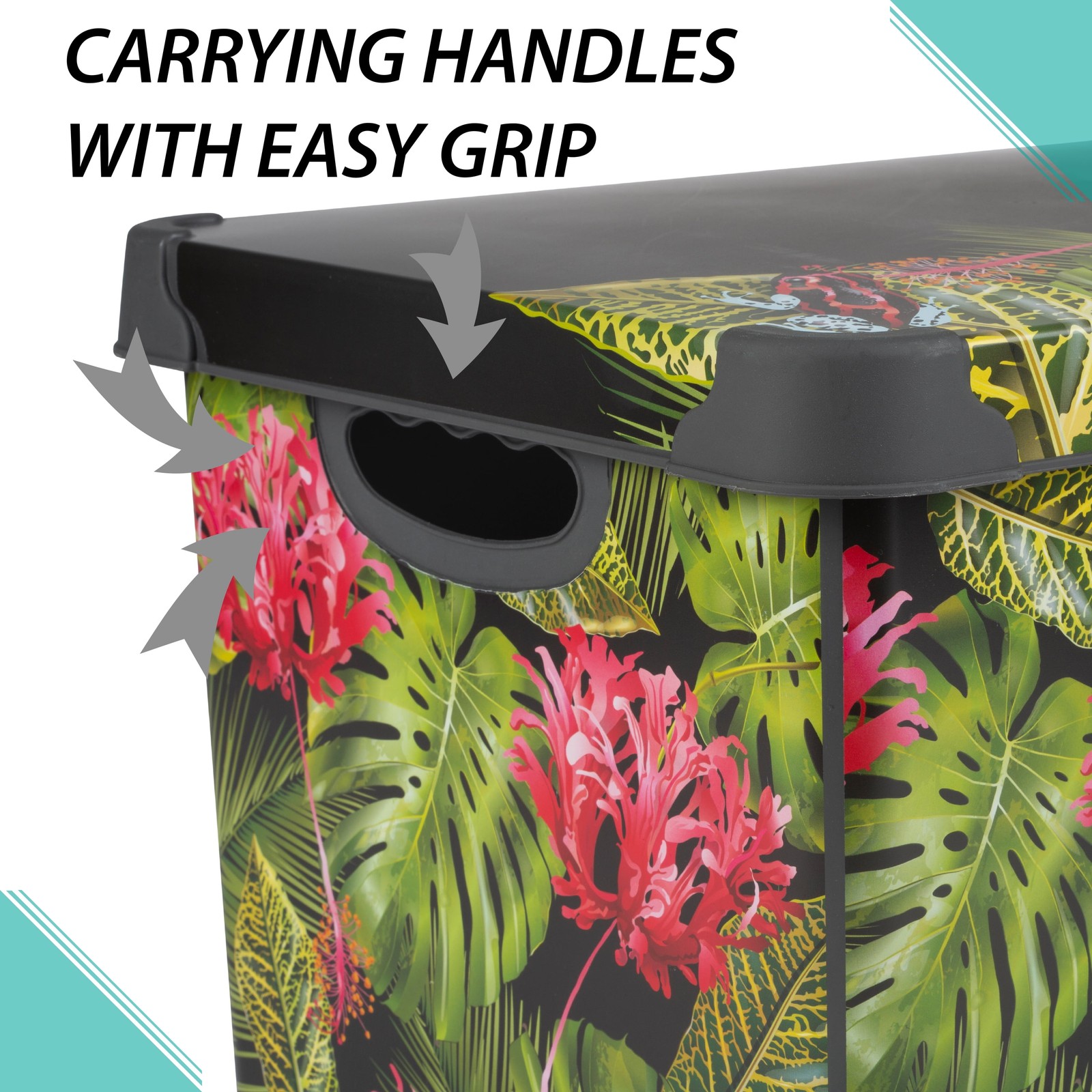 2 Pack Tropical Leaf Print Design Plastic Storage Bin, Black