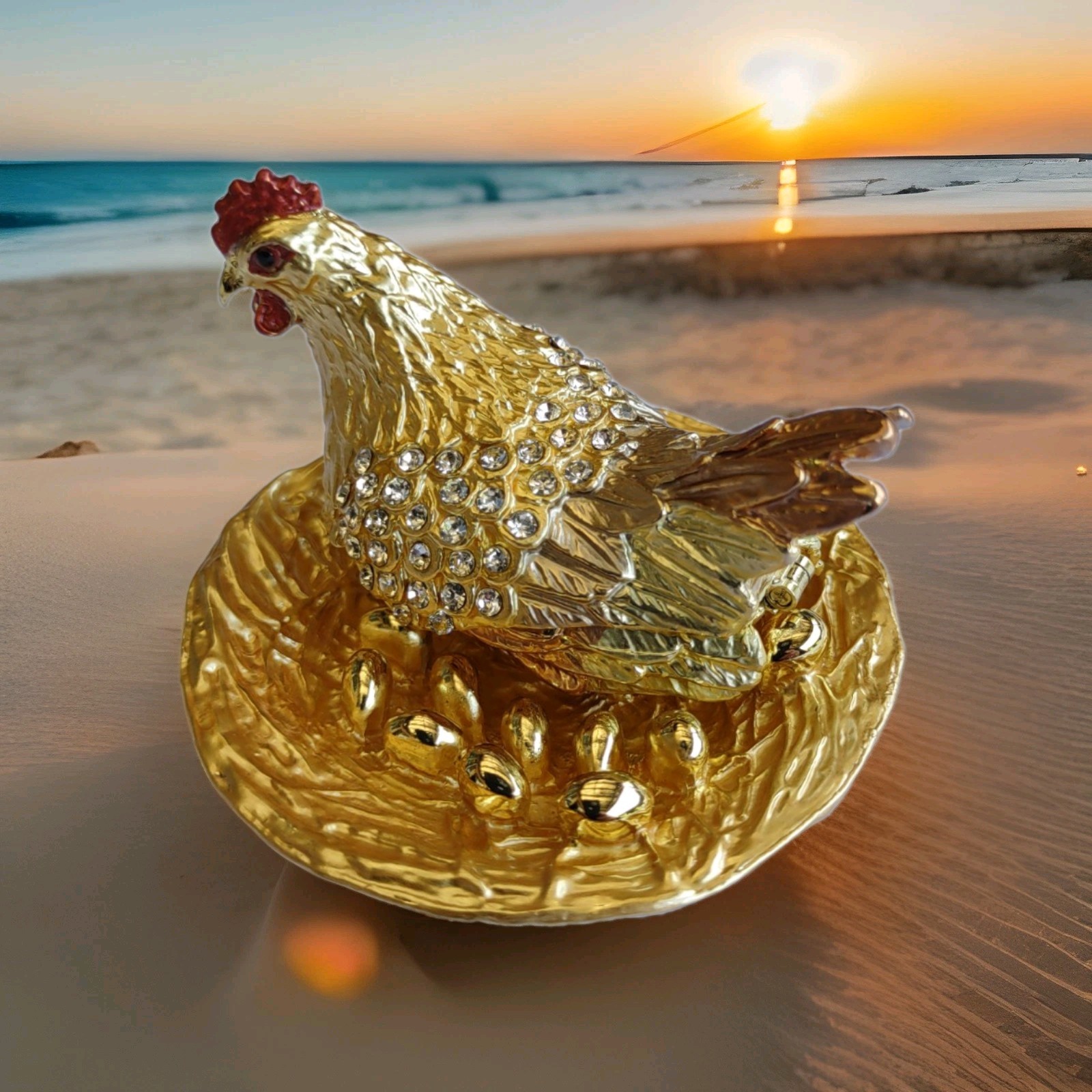 Gold Brown Chicken Hen Trinket Box