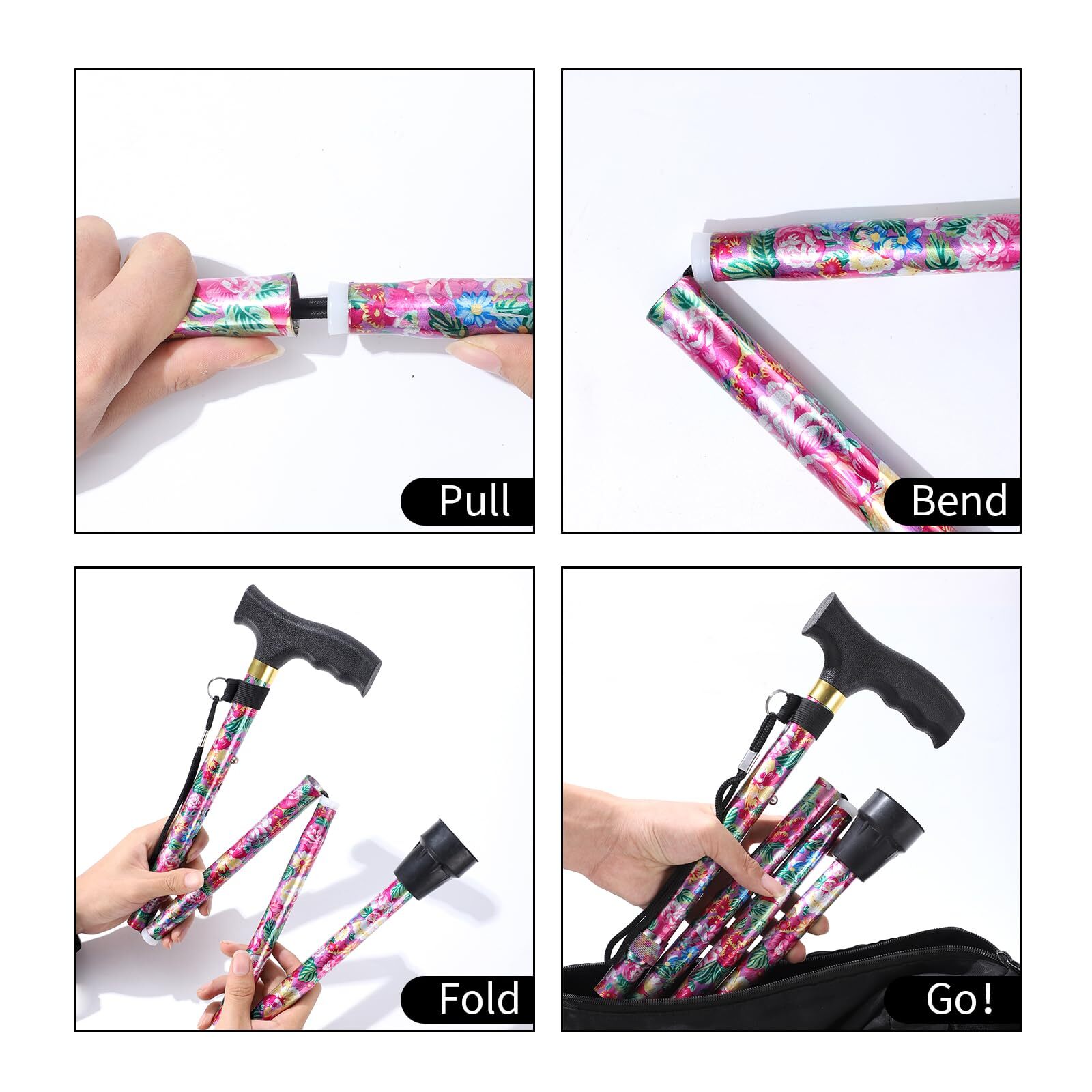 Folding Cane 5-Level Adjustable Height Walking Stick Lightweight Portable
