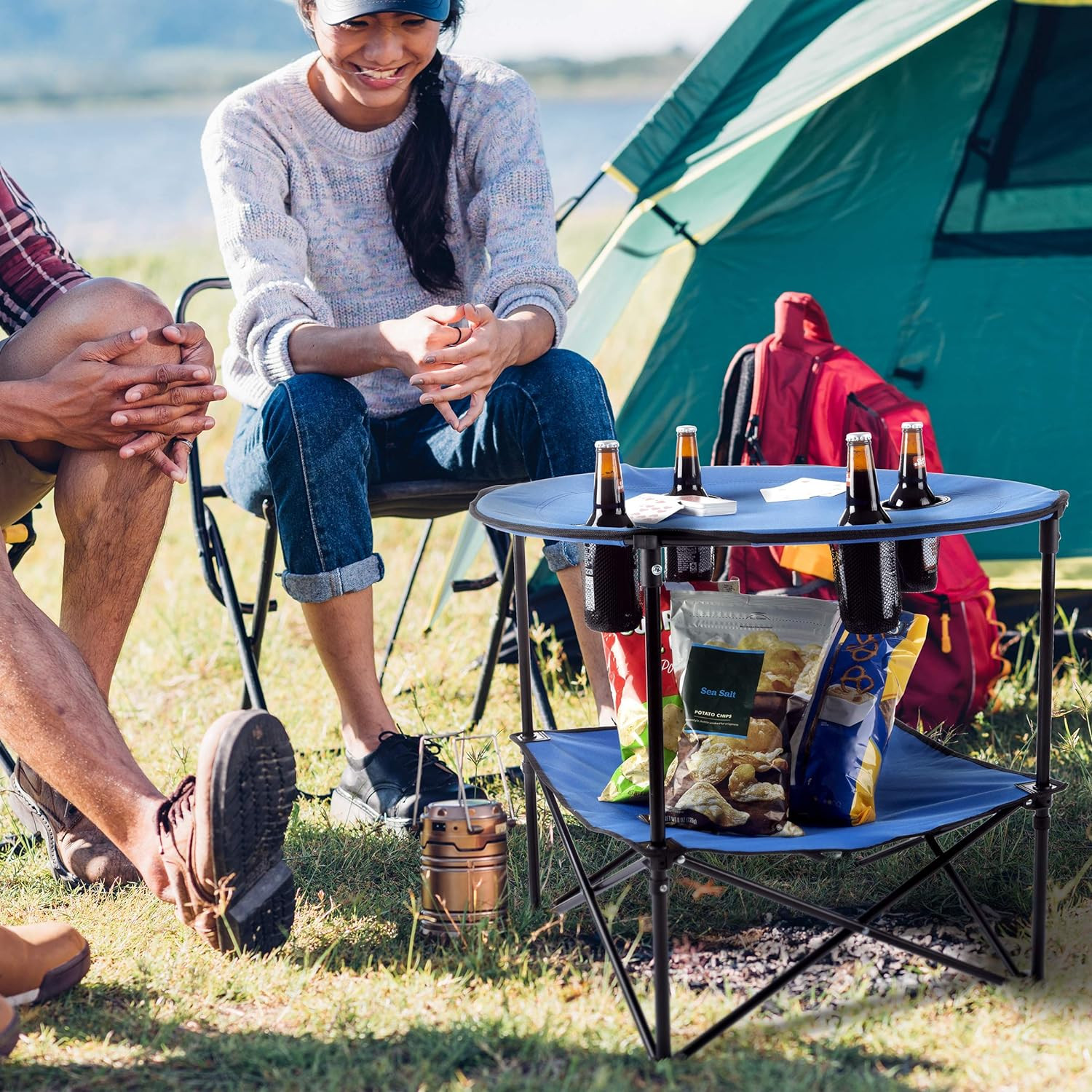 Camp Table - round 2-Tier Folding Table w/ 4 Cupholders and Carrying Bag (Blue)