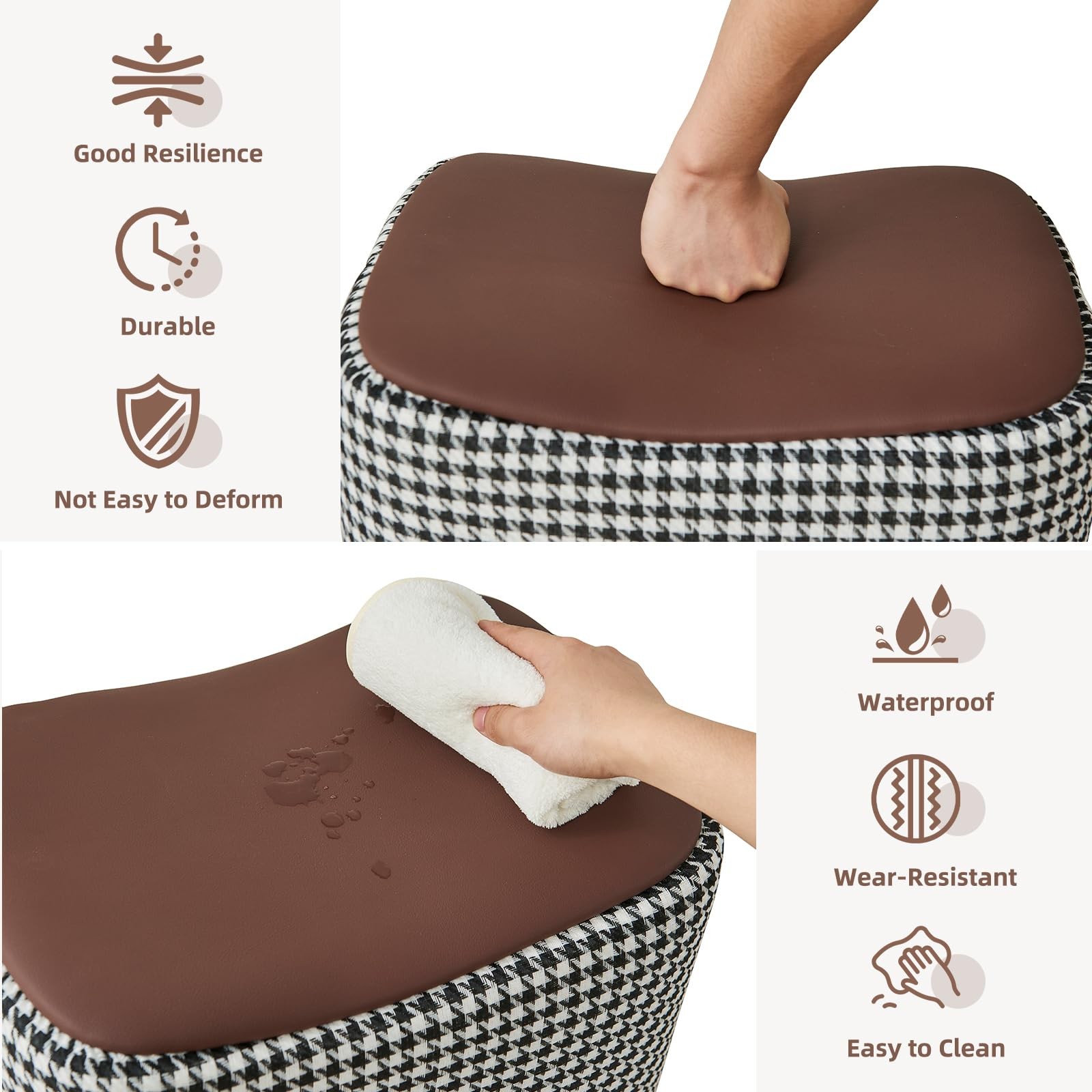 Small Leather Ottoman Footrest with Handle, Brown Foot Stools, Solid Wood Fra...
