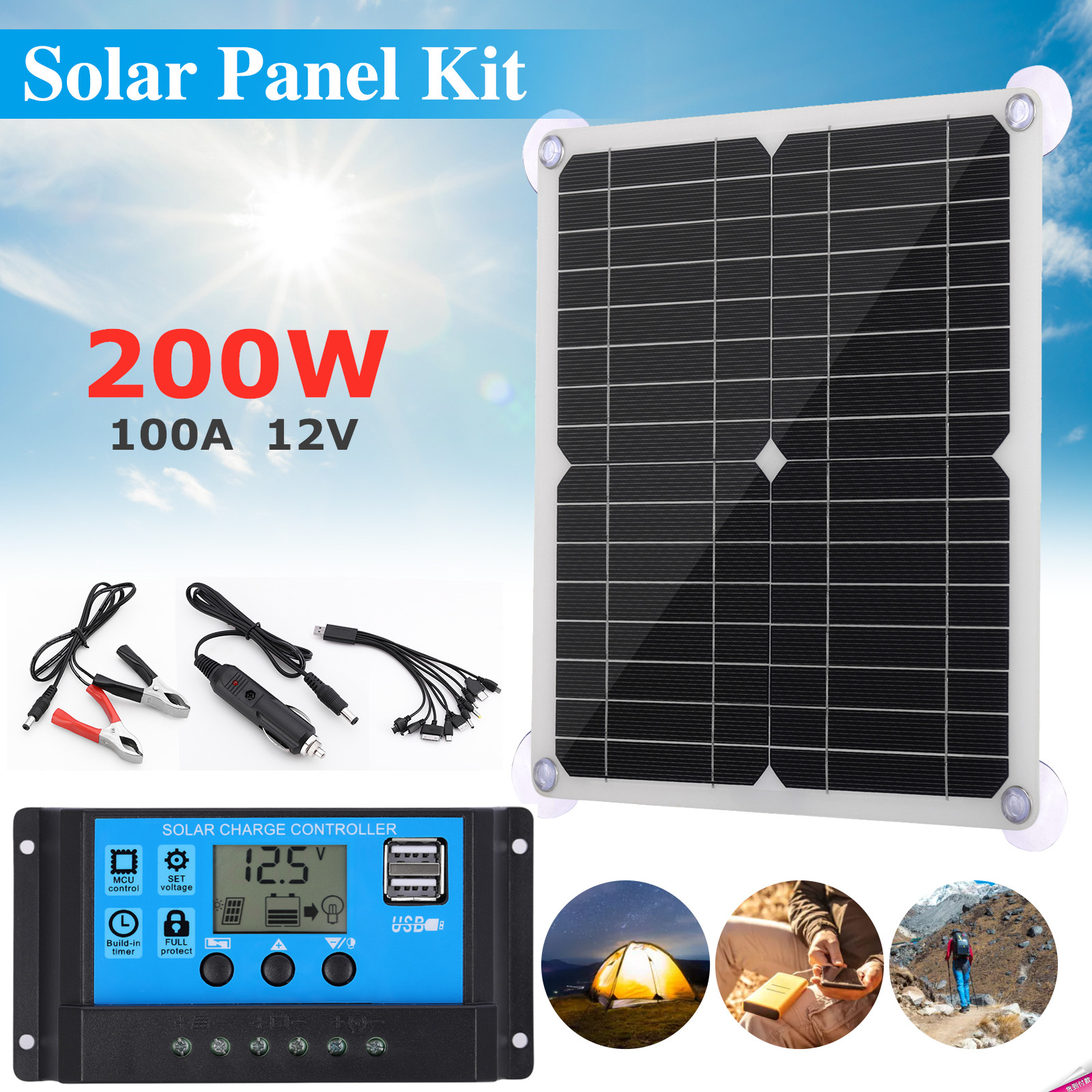 200W Solar Panel Kit 12V 100A battery Charger Controller Caravan Boat Outdoor