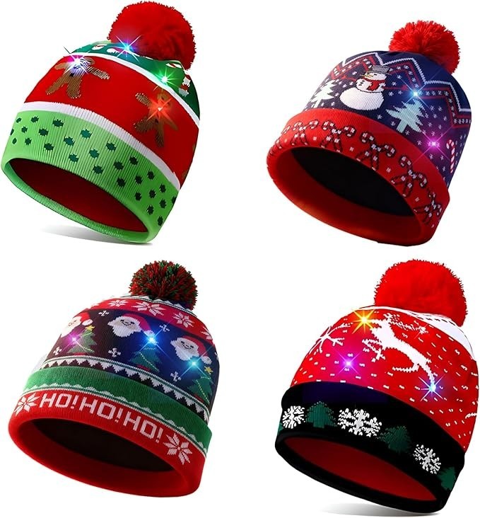 4 Pack LED Christmas Hat, Light-up Beanie Knit Hats with 6 LED...