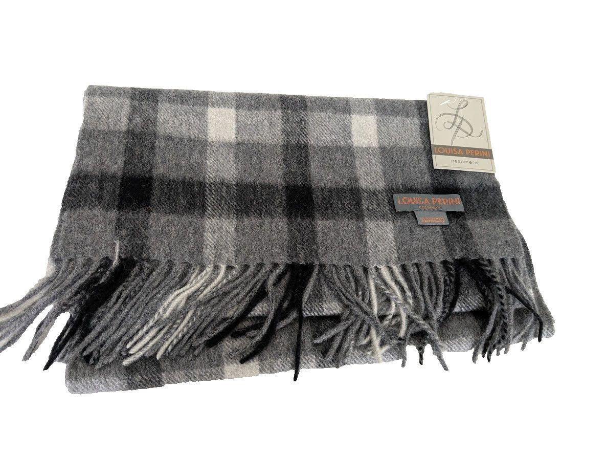 Louisa Perini, Italy Gray Plaid Cashmere Mens Scarf 13" x 62", NWT