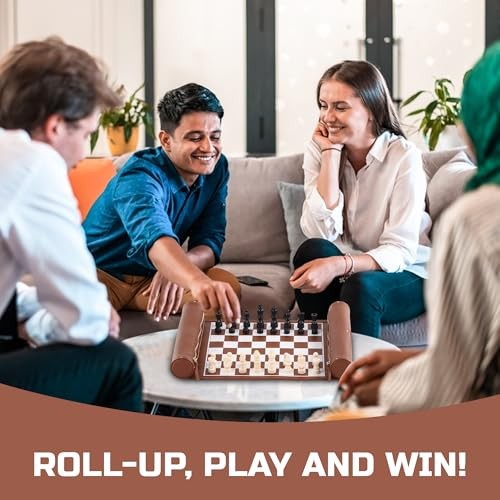 Roll Up Chess Set - Foldable Leather Chess Mat with Chess Pieces - Brown