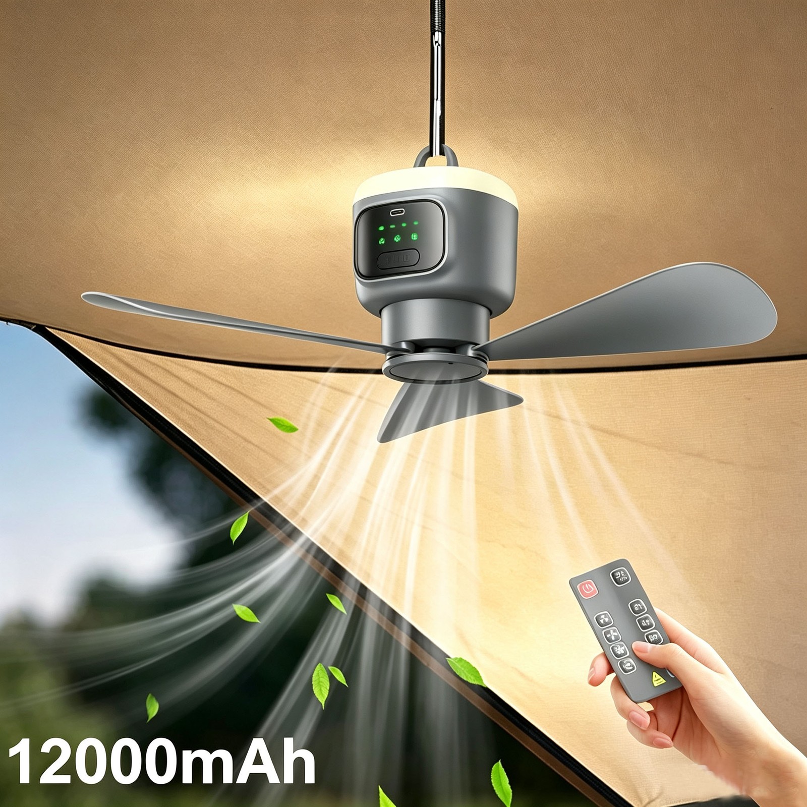 18" Portable Camping Ceiling Fan, 12000mAh Rechargeable Tent Fan W/ Light Remote