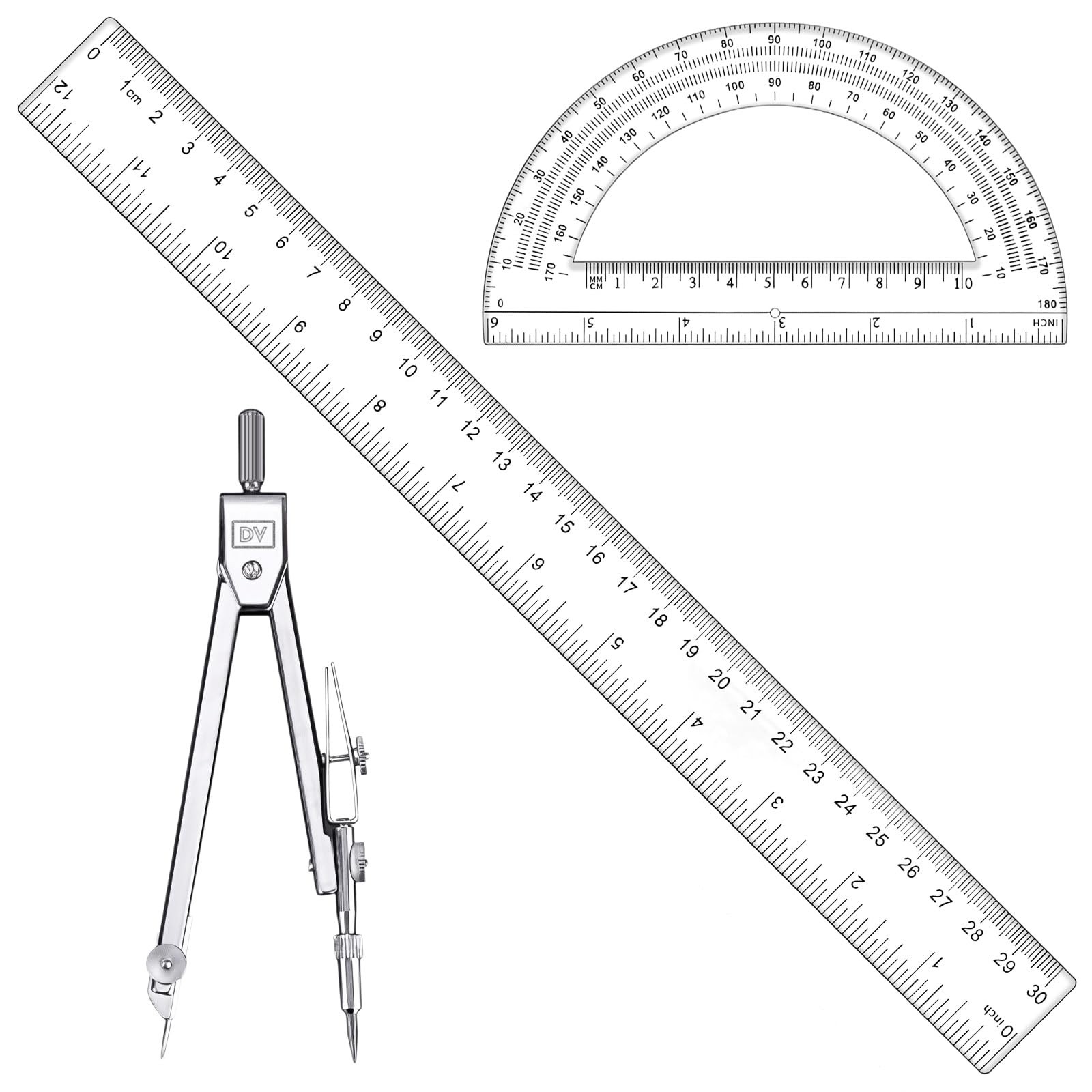 3 Pcs Plastic 12 Inch Ruler, Clear Protractor and Compasses Set for Student G...