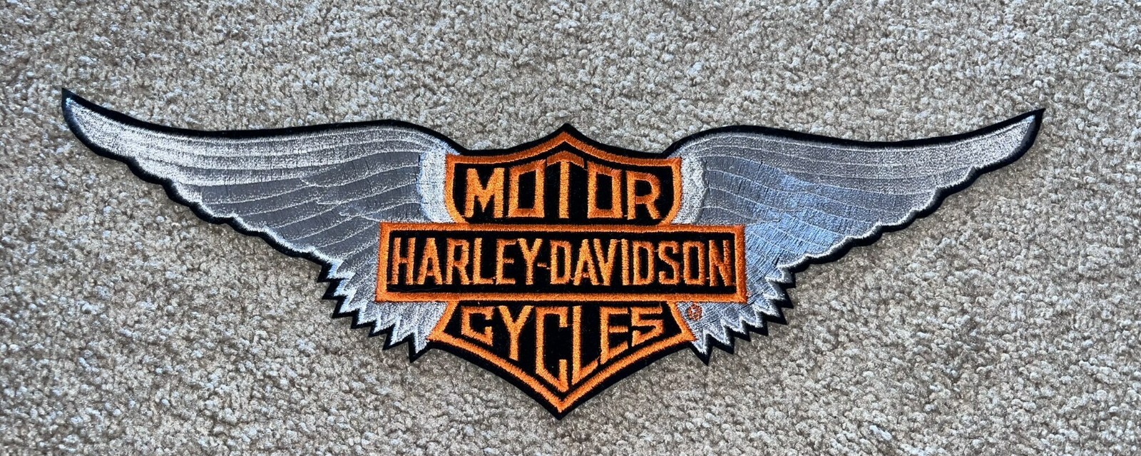 Vintage Harley Davidson Motorcycles Gray Wings Orange Black Logo Patch NOS 16.5"