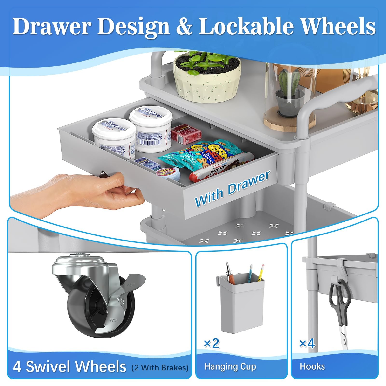 Gray 3 Tier Rolling Cart Drawer Bathroom Storage Organizer Lockable Wheels