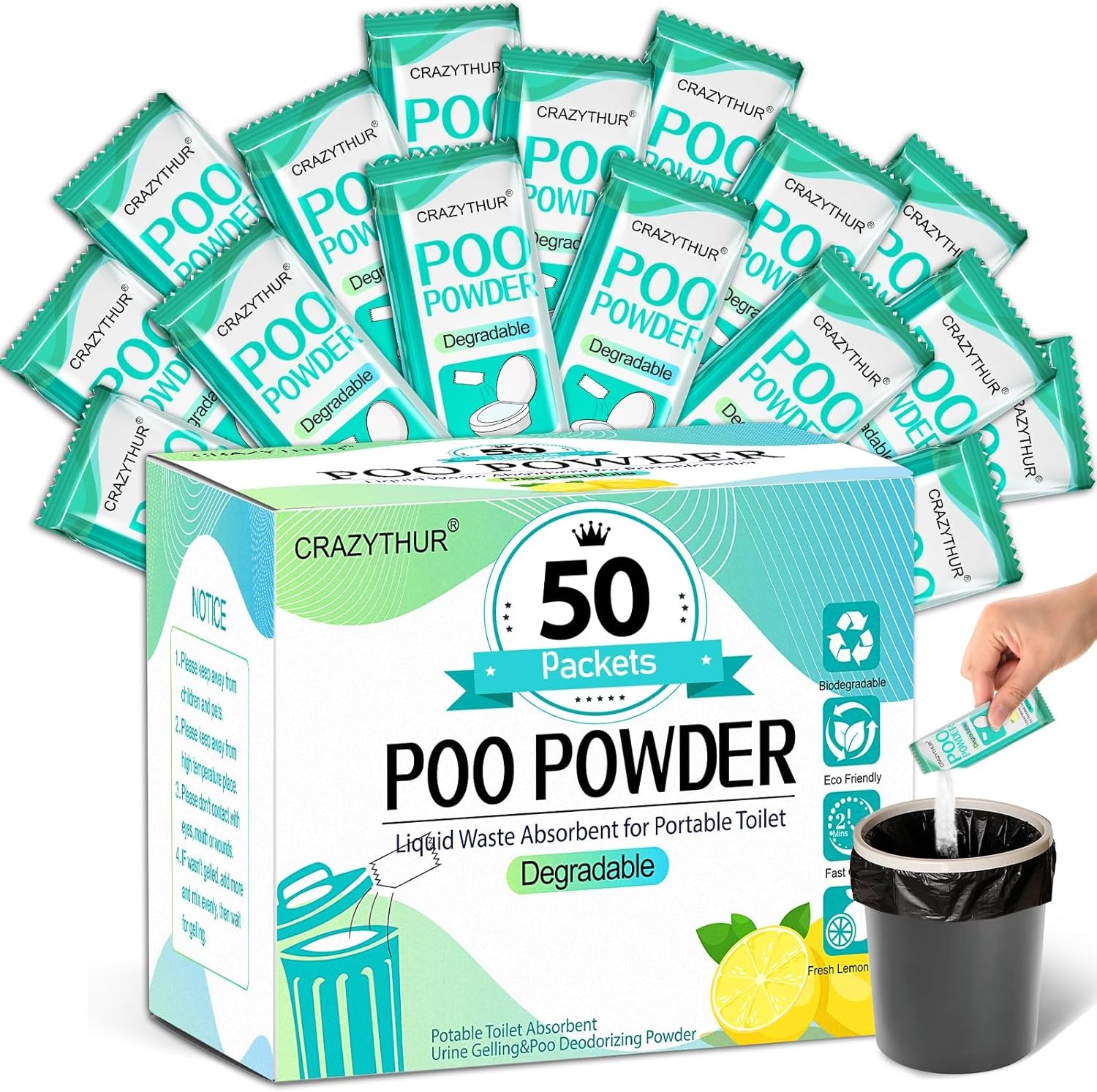 PortablePortable Toilet Gel, Poo Powder 0.01 Ounce (Pack of 50), 50Pcs-Lemon
