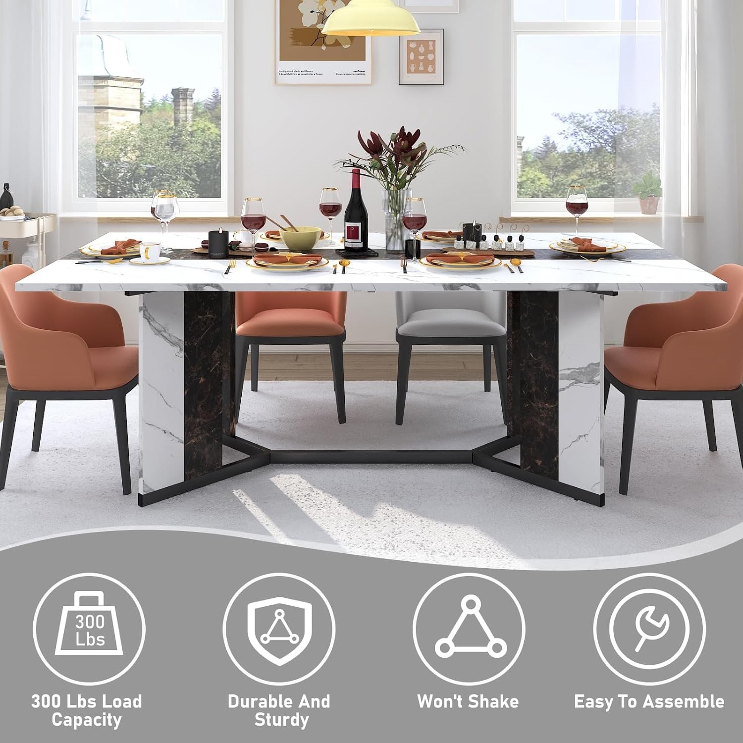 70Inch Large Dining Table for 4 6 People,Wooden Rectangular Kitchen Table W/Wate
