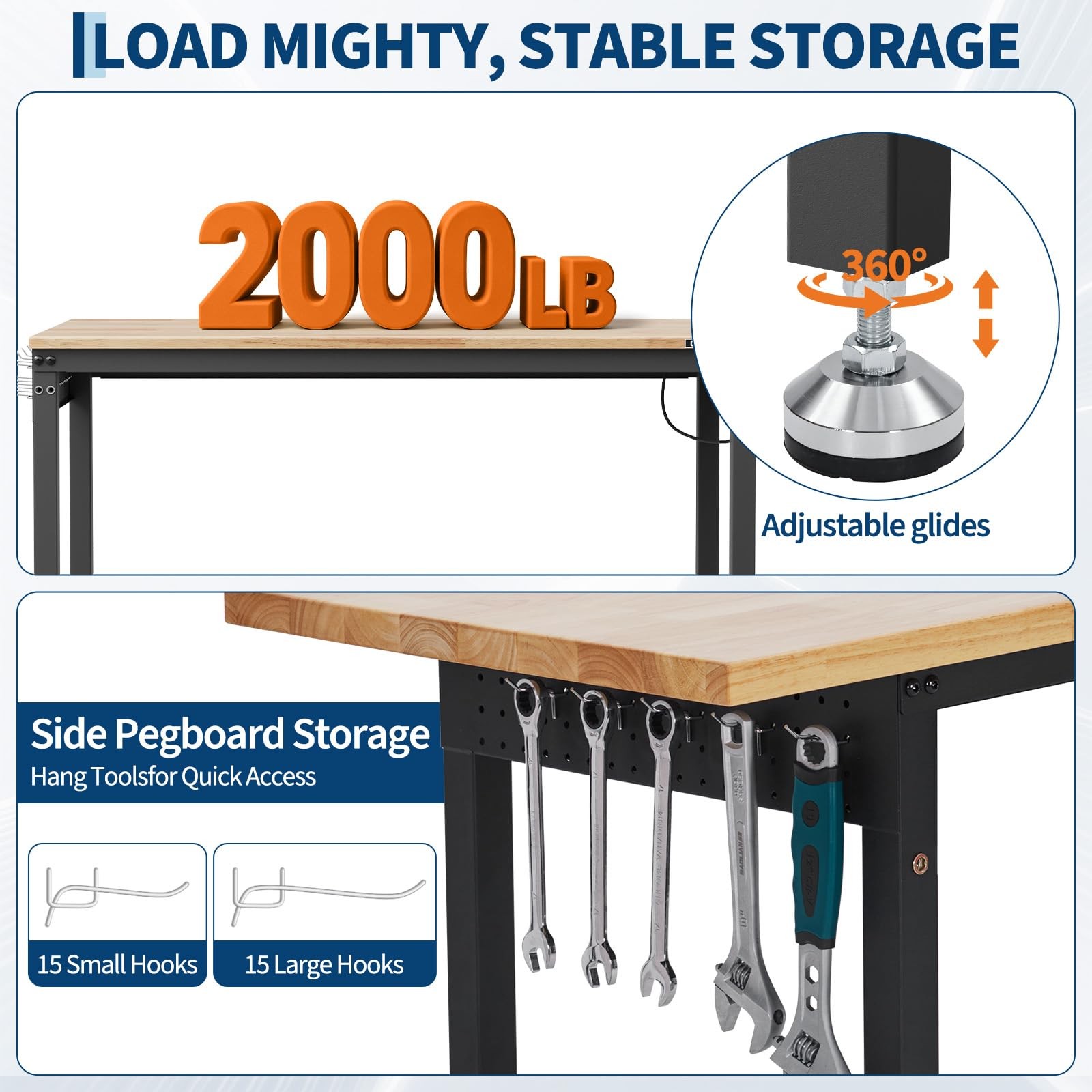 48" Workbench Adjustable Height Work Table Garage 2000LBS Load with Power Outlet