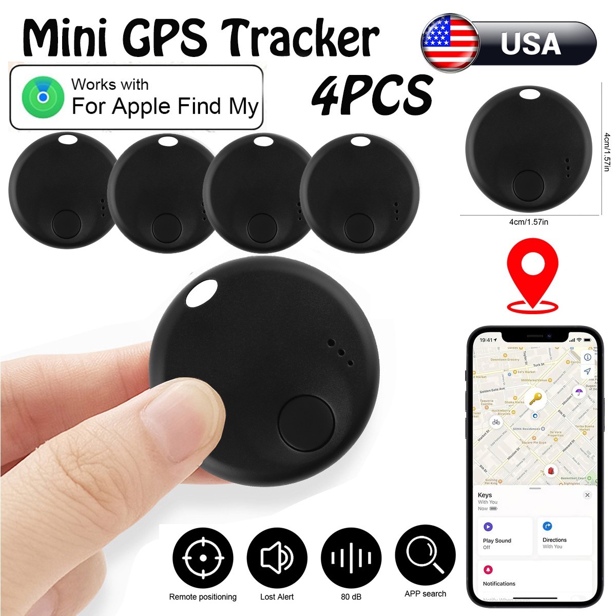 4x Smart Bluetooth GPS Locator Tracker For Apple Find My Key Anti Lost Reminder