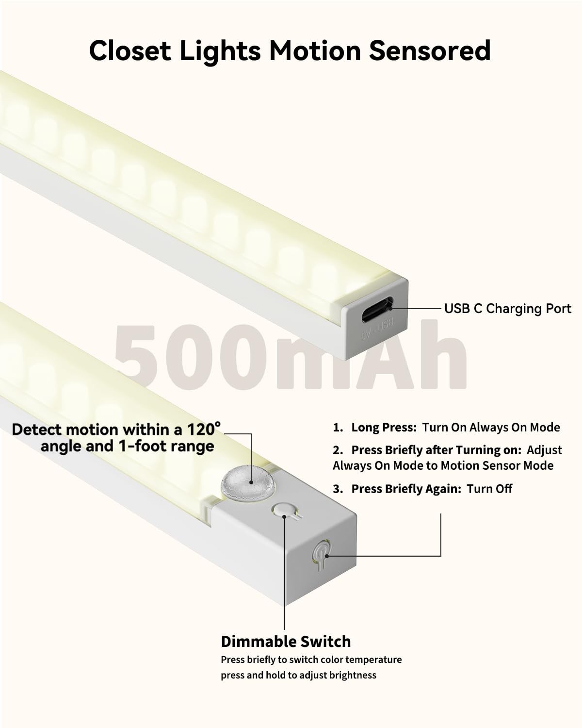 Under Cabinet Lighting 8 Inches Rechargeable Motion Sensor 8inch-3pack, White
