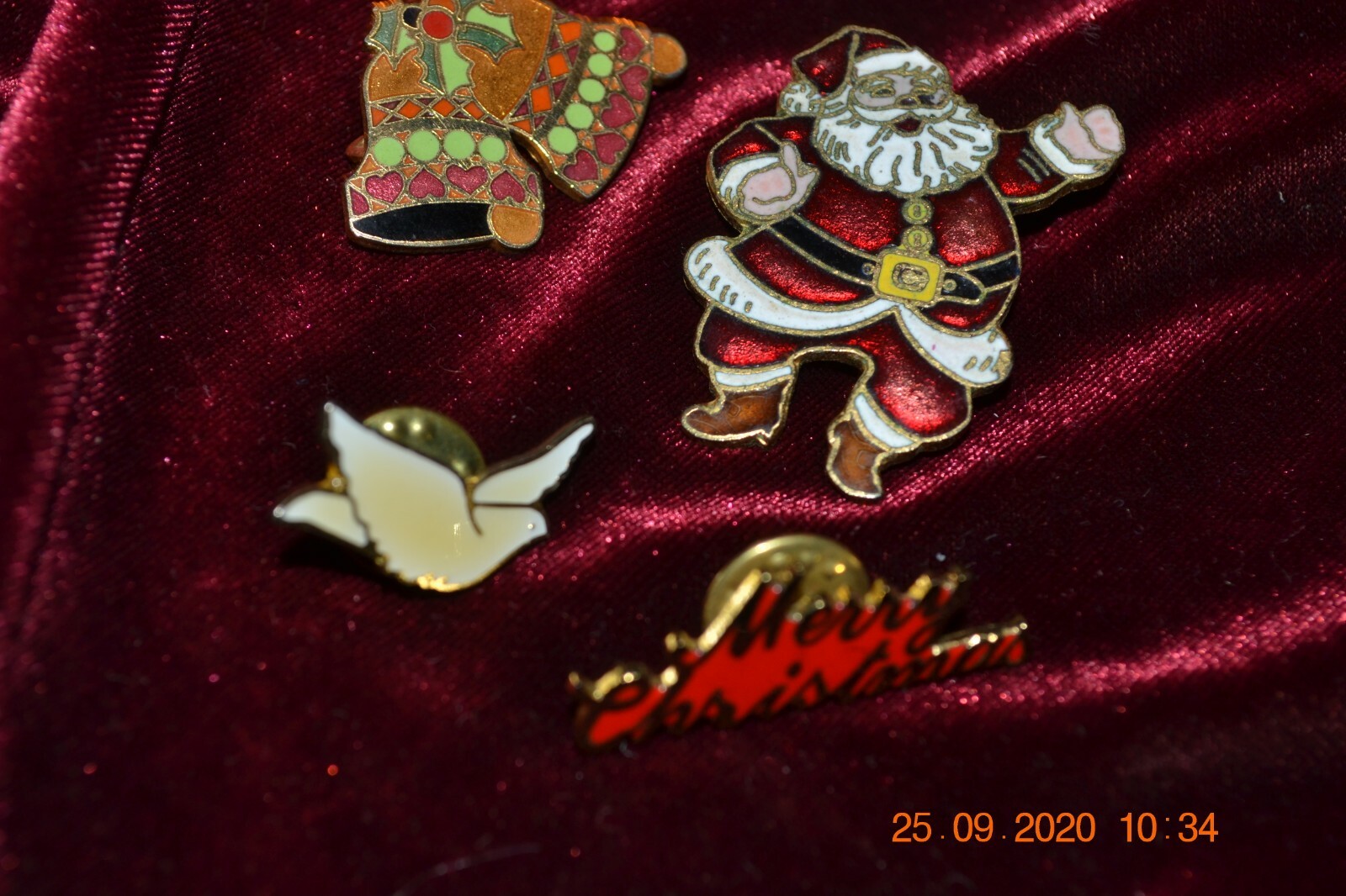 Vintage lot of 4 Enamel Christmas Pins - Dove, Santa, Bells, Centennia 1973-79