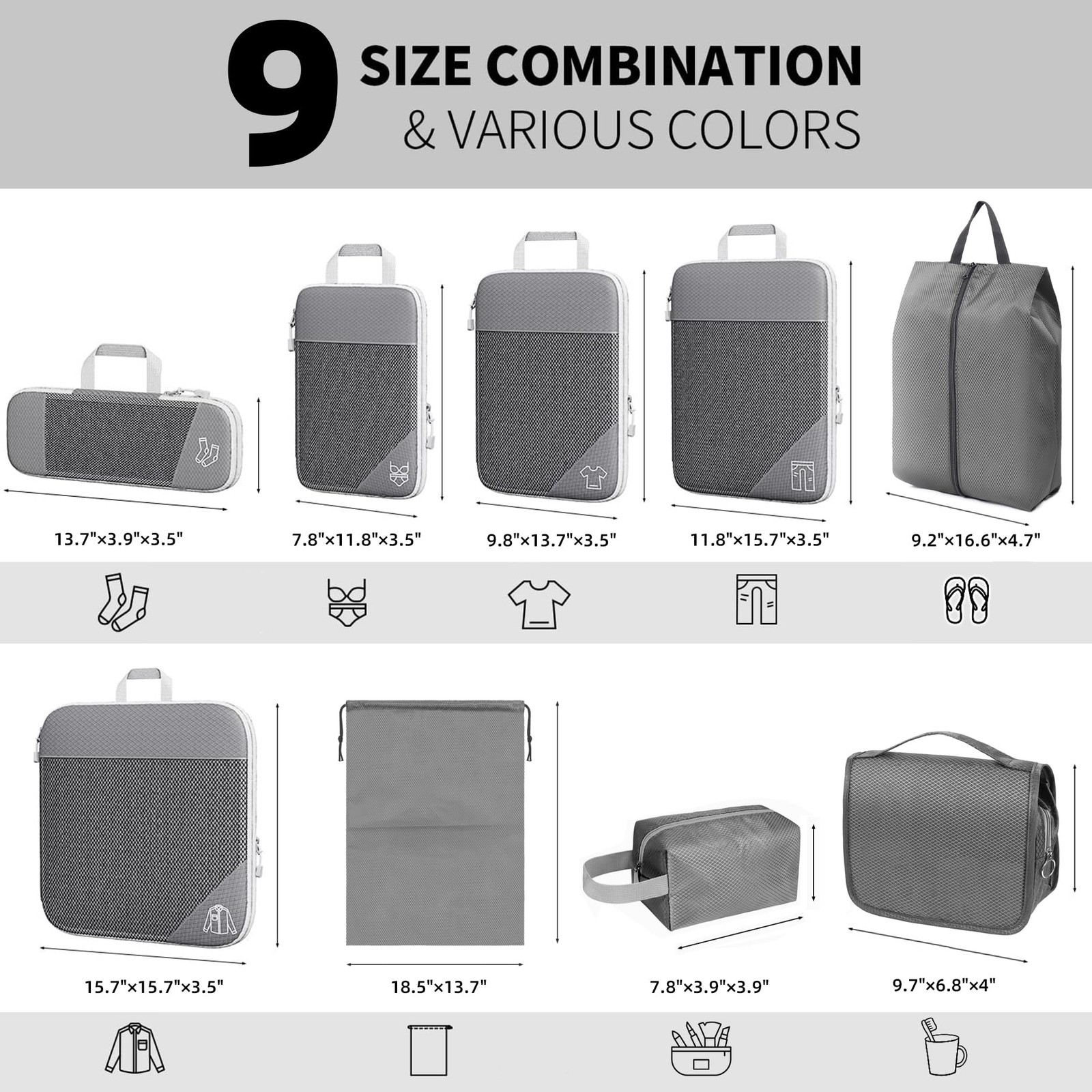 9-Set Packing Cubes with Hanging Bag | 9-Size Combination, Mesh Fabric & Refl...
