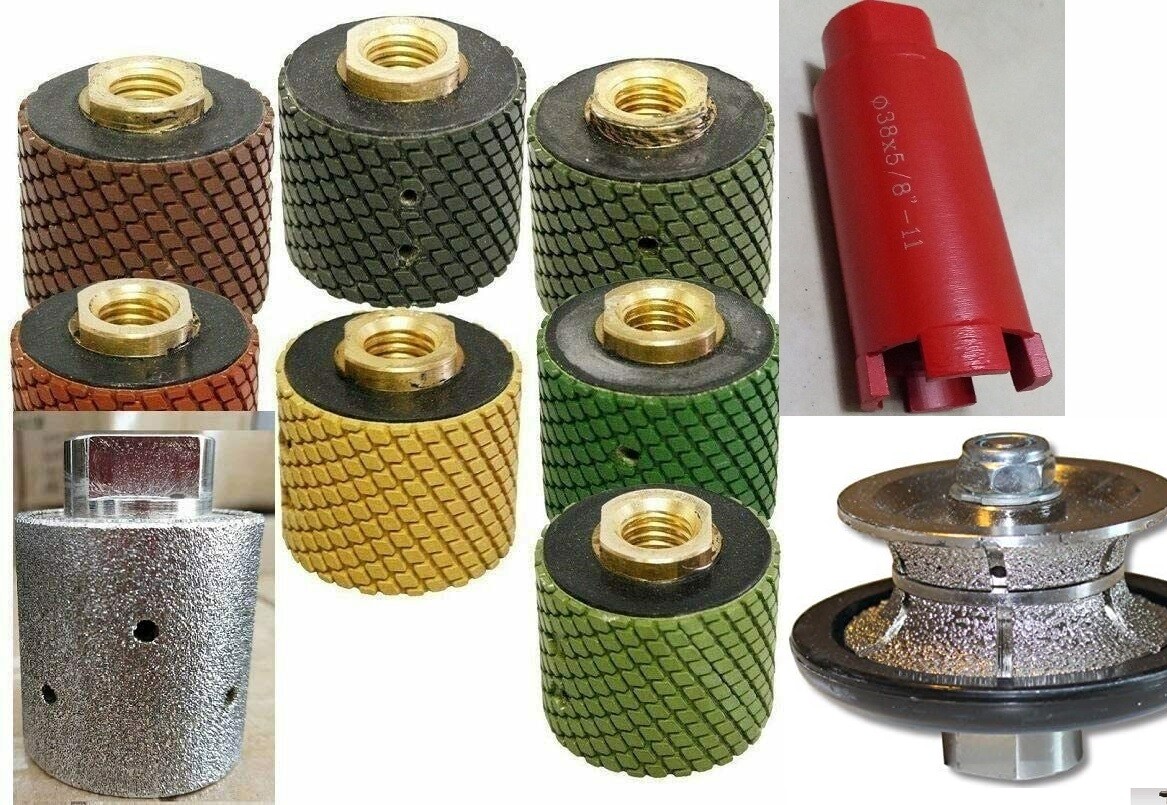2" core bit polishing drum 9 + 1" Full bullnose V25 router bit concrete granite