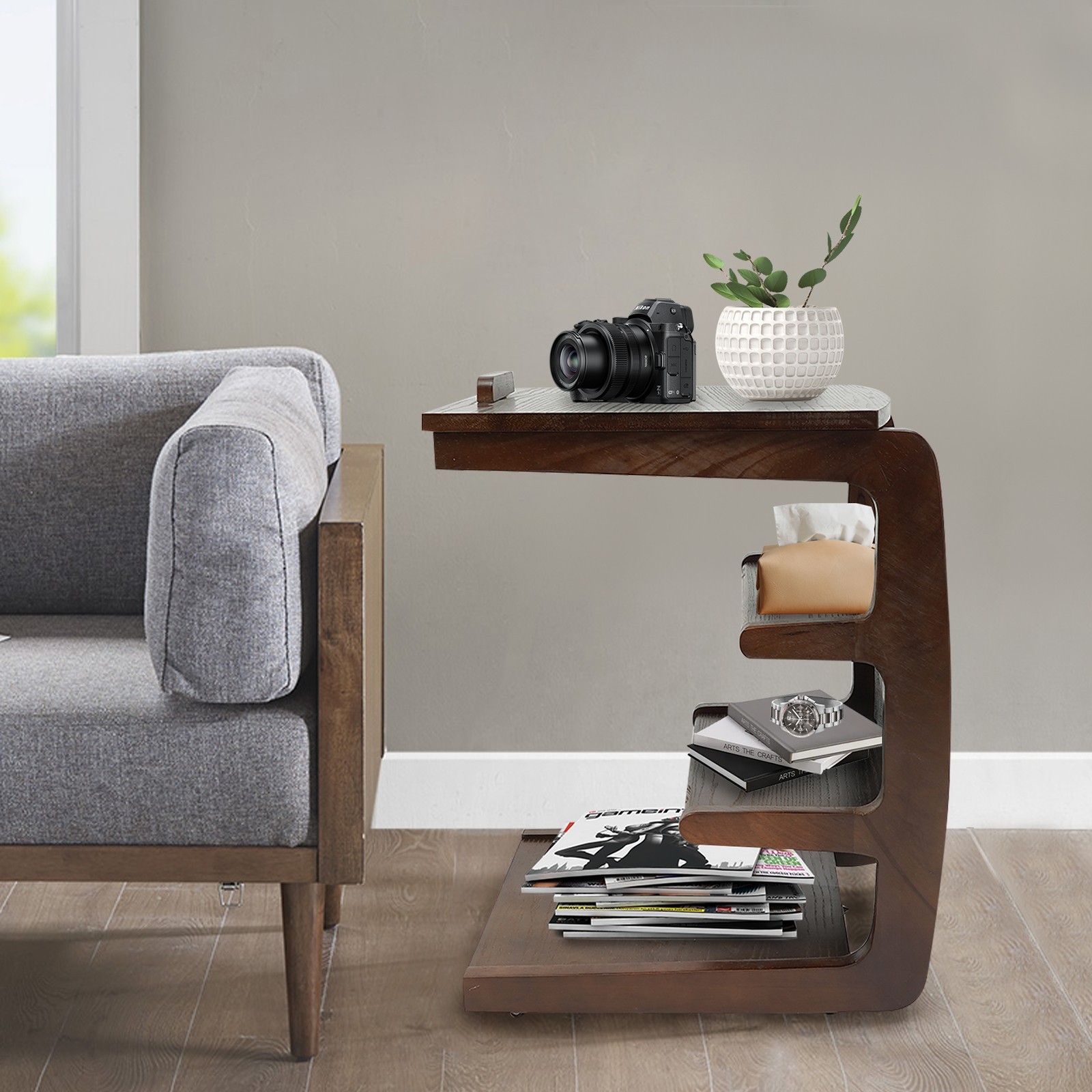 Rolling C Shaped End Table with Wheels Multi-Purpose Tray Table Walnut Color