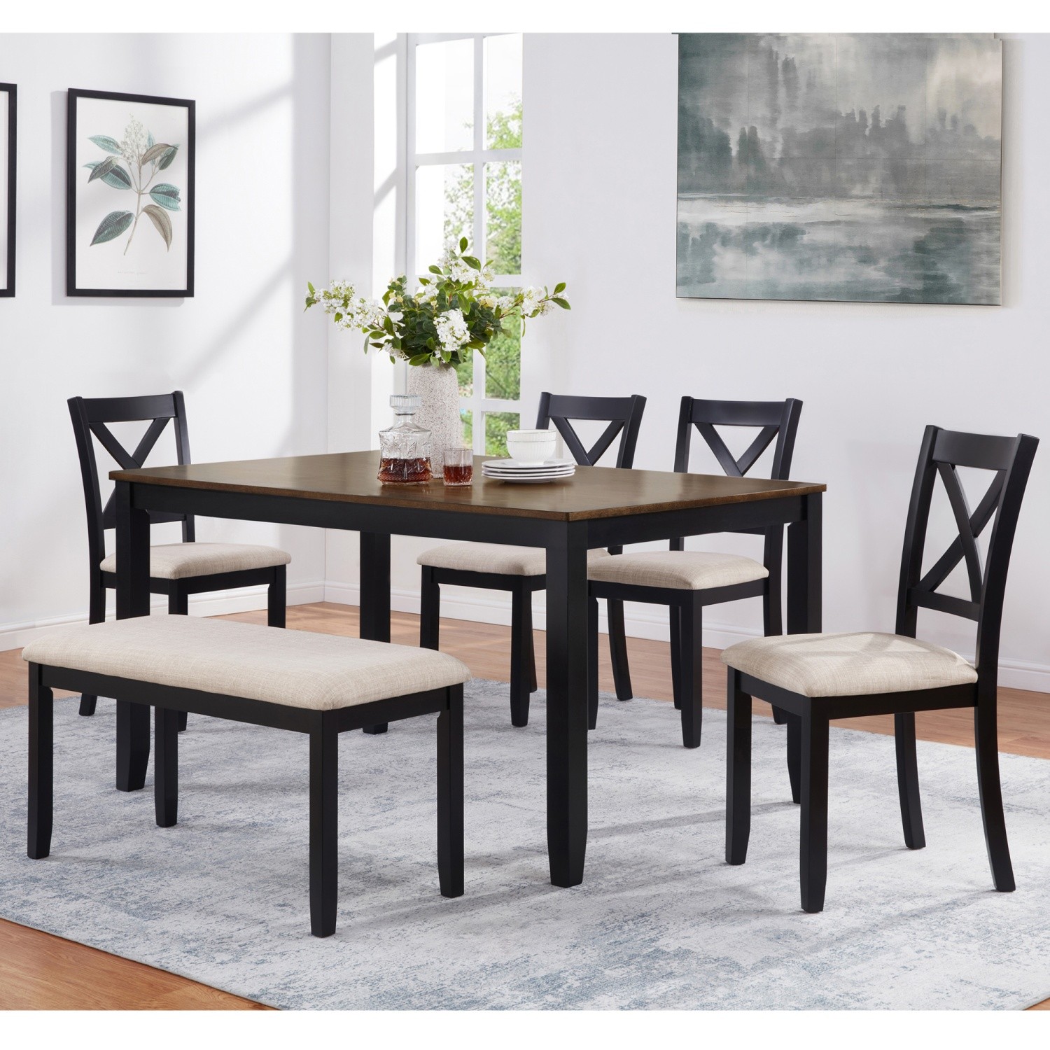 6 Piece Dining Set w/ Bench and Wood Kitchen Table & 4 Chairs for Dining Room