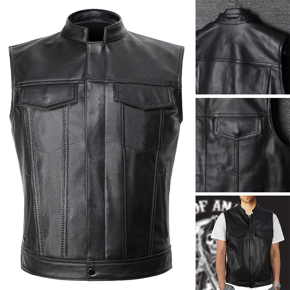 Men Faux Leather Waistcoat Stand Collar Motorcycle Biker Cut-Off Oversized Vest