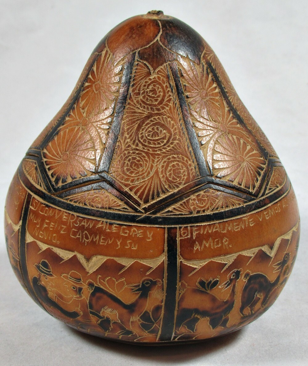 Vintage Hand Carved & Painted South American Folk Art Story Gourd