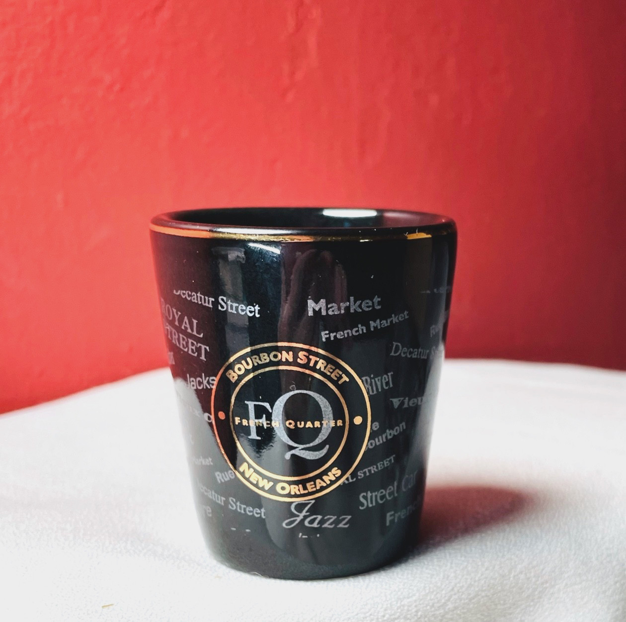 Shot Glass BOURBON STREET New Orleans Black Gold Logo Bar Ware