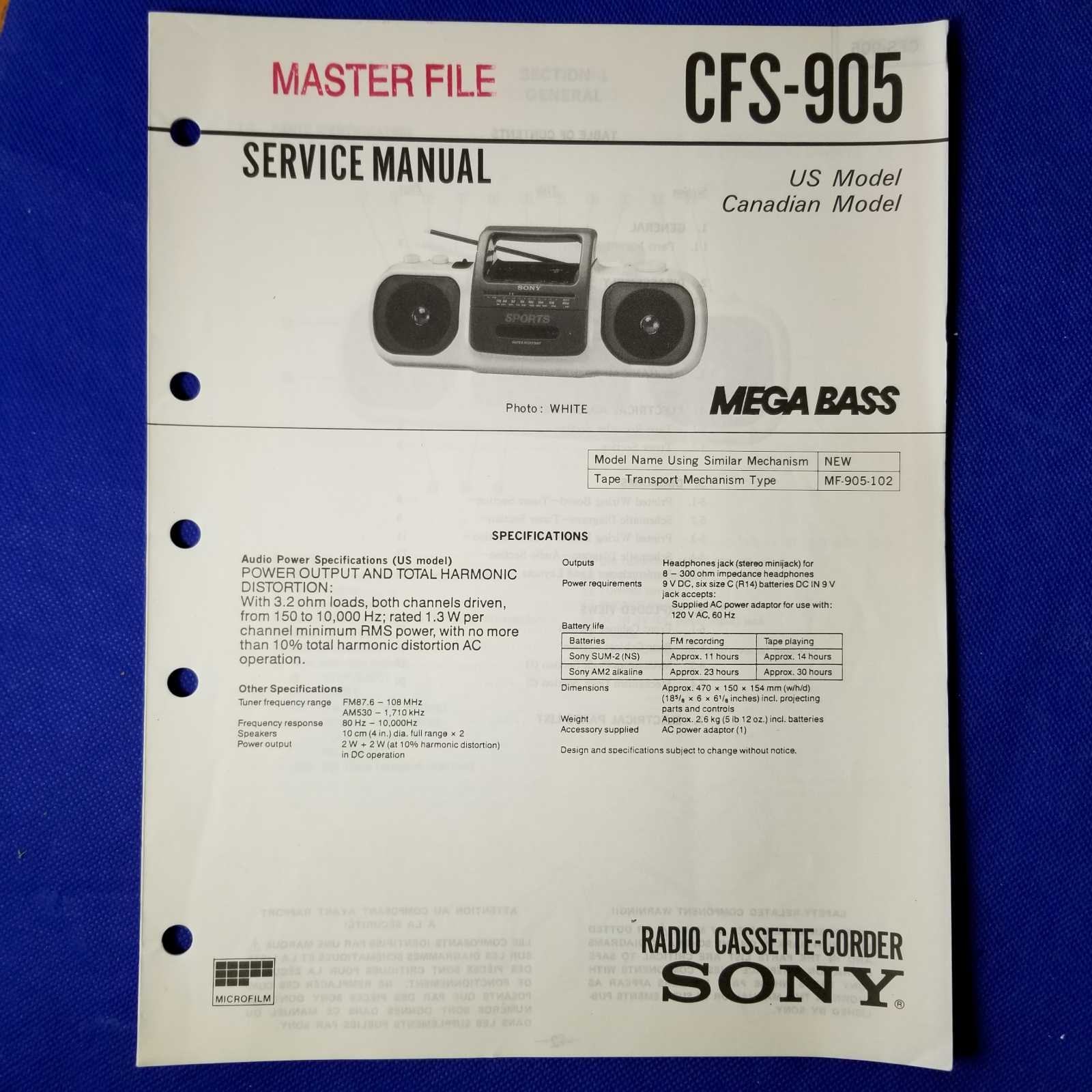 SONY CFS-905 Service Manual Original Paper OEM Repair Guide - USA