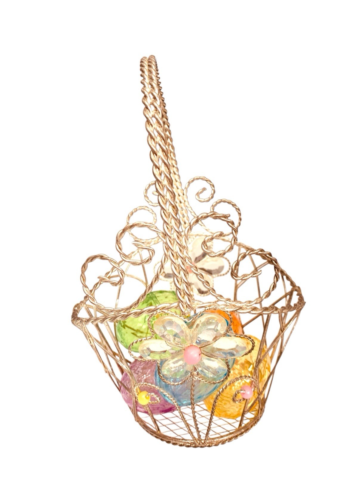 Wire Egg Basket With Handle Flowers Scroll 5 Colored Eggs Fillable 10 x 5.5 Inch