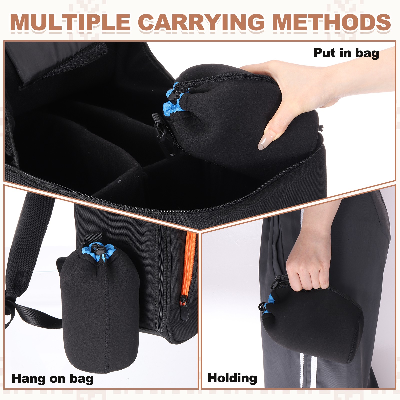 Camera Lens Pouch, 4" ID x 10" H Drawstring Lens Pouch, Black