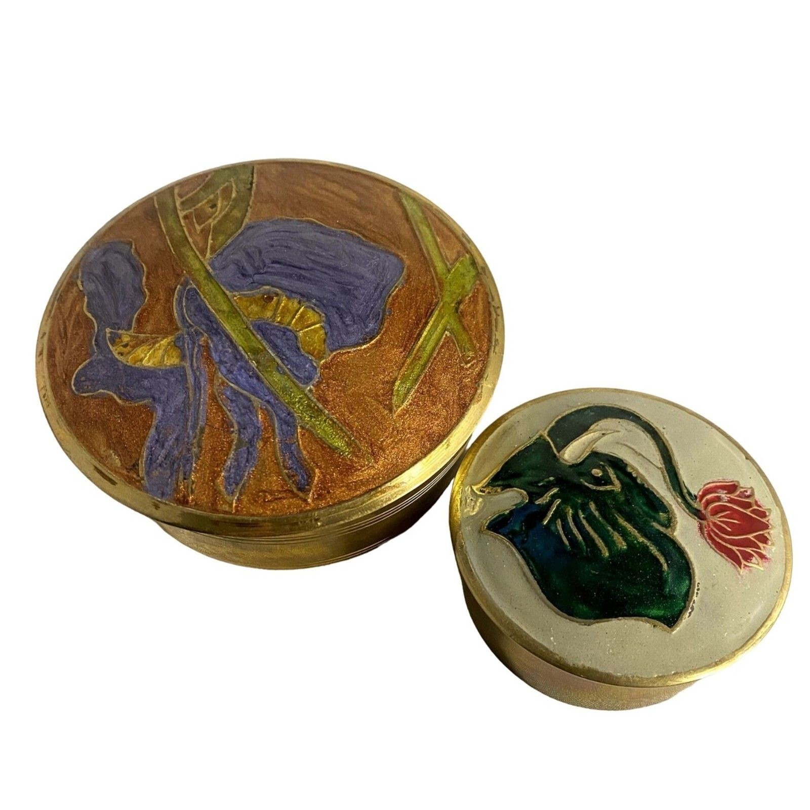 #8216 BRASS ROUND TRINKET BOXES PAINTED ELEPHANT ORANGE BLUE FLOWERS MADE IN IND