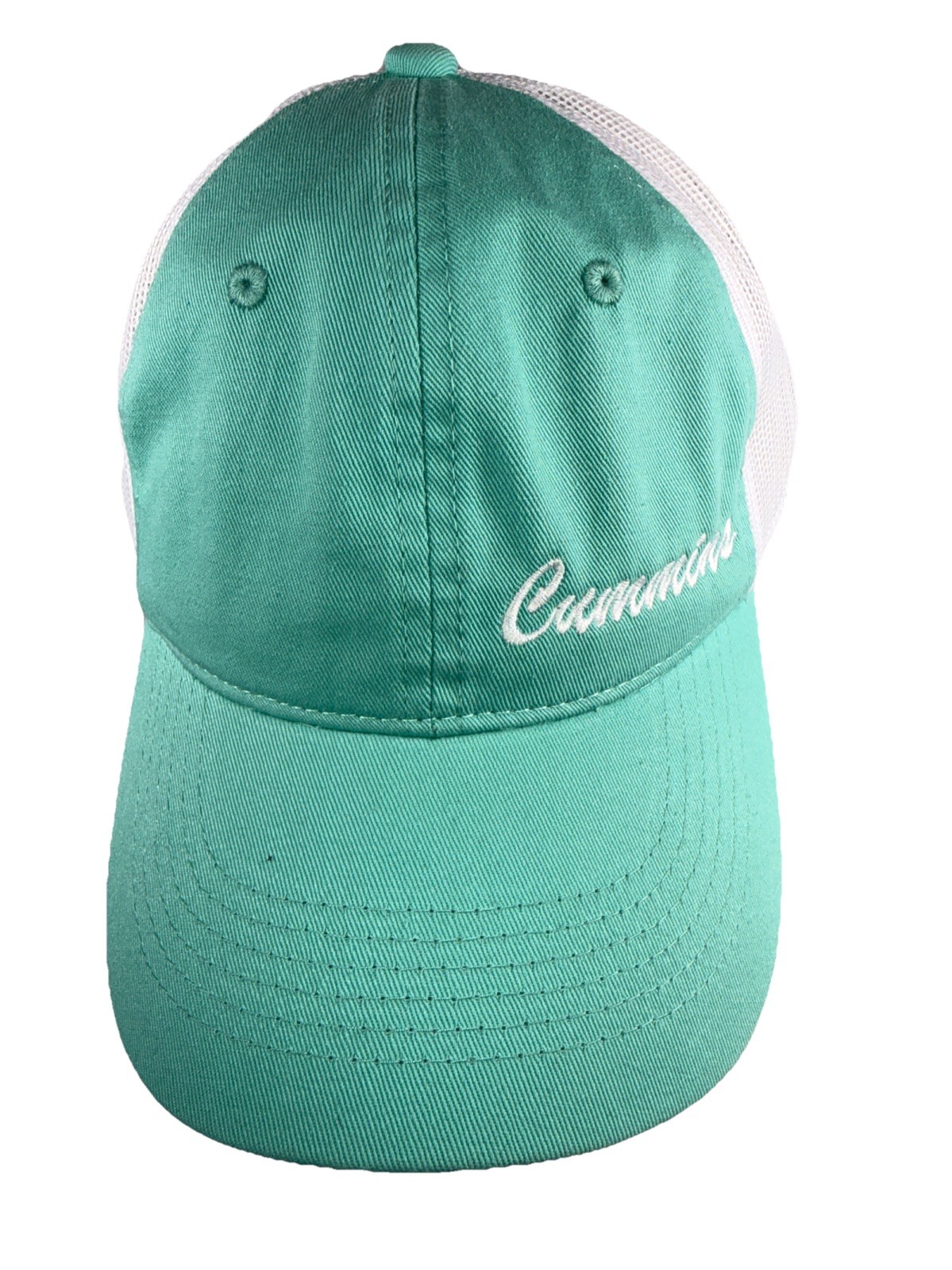 Cummins in white letters on Mint Green Fabric Hat Cap White Mesh SnapBack EUC