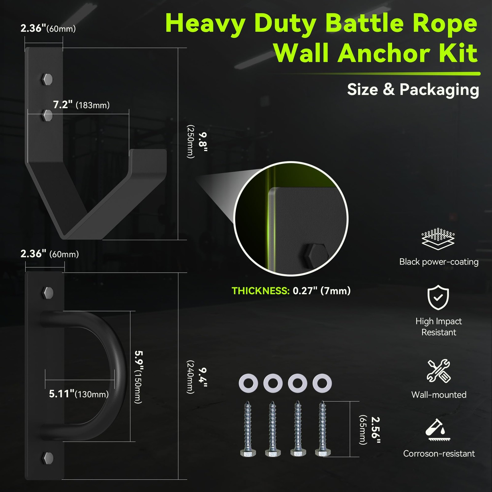 Heavy Duty Battle Rope Wall Anchor with Storage Hook Includes Screws & Washers