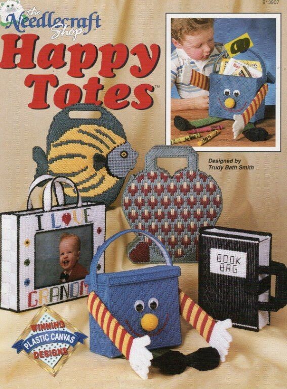 THE NEEDLECRAFT SHOP PLASTIC CANVAS HAPPY TOTES 5 CUTE DESIGNS