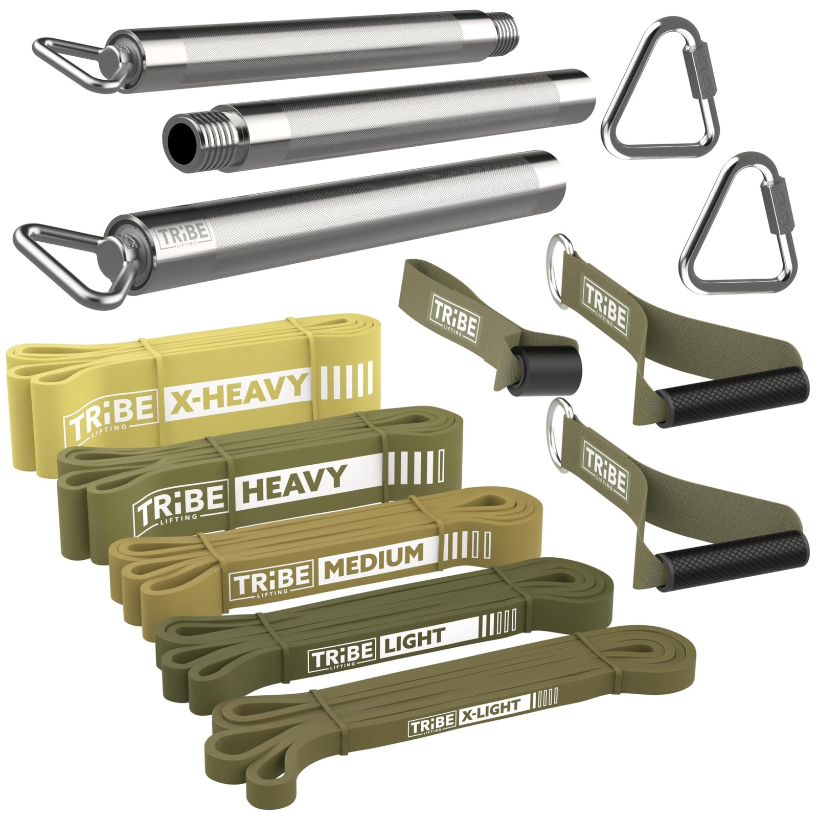Long Resistance Bands for Working Out - Green Set with Band Bar