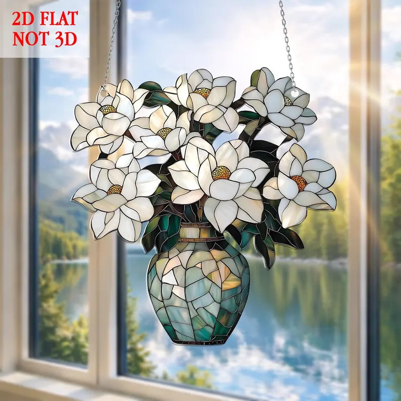 Magnolia Flower Suncatcher Acrylic Window Decor Art White Gift