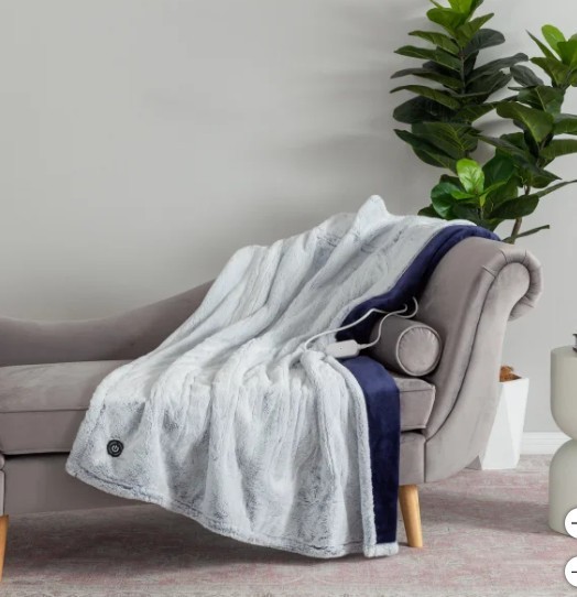 Berkshire Life Heated Luxe Faux Fur Throw Electric Blanket BLUE/White 50" x 60"