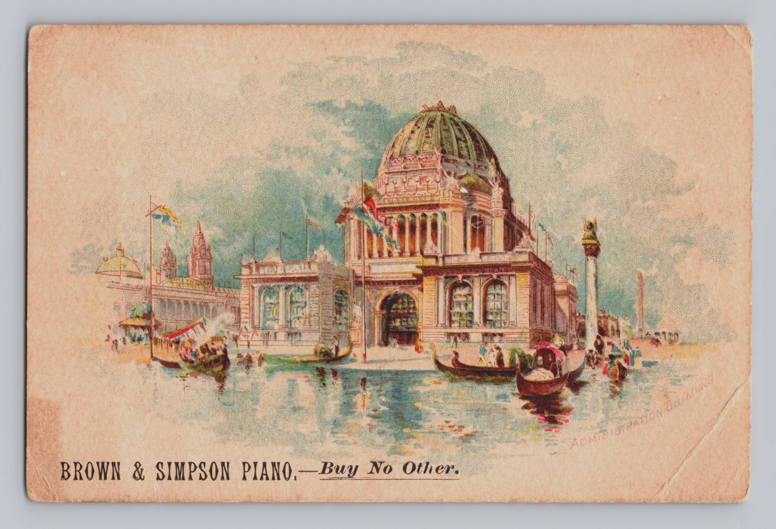 Advertising Trade Card Brown & Simpson Piano Worcester Massachusetts Gondolas
