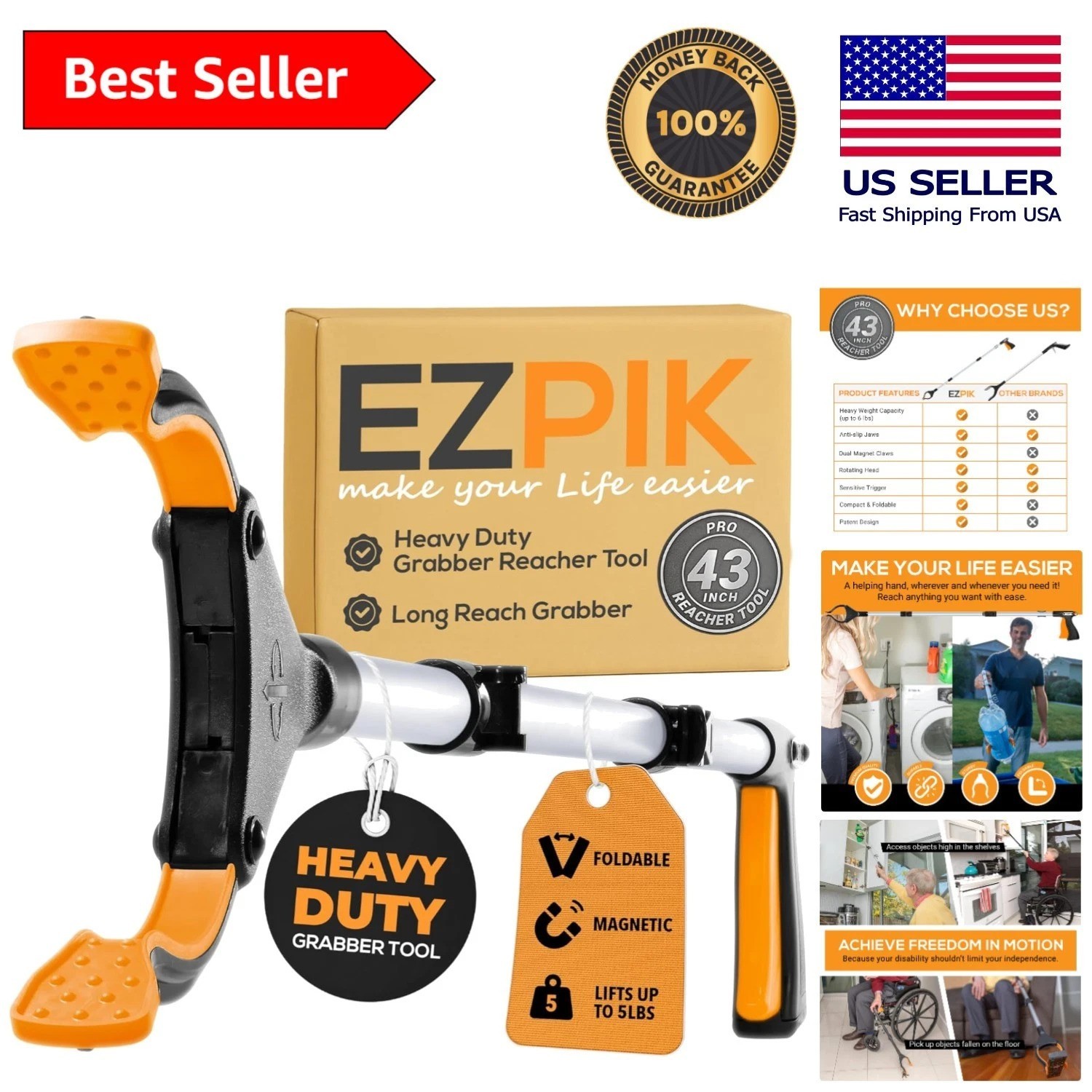 Foldable 43" Heavy-Duty Grabber Reacher Tool with Magnetic Tip for Seniors