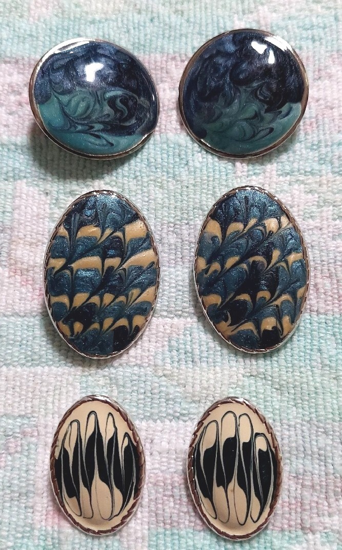 Vintage Lot of 3 Pairs Bluetoned Enamel Clip-on Earrings Round & Oval