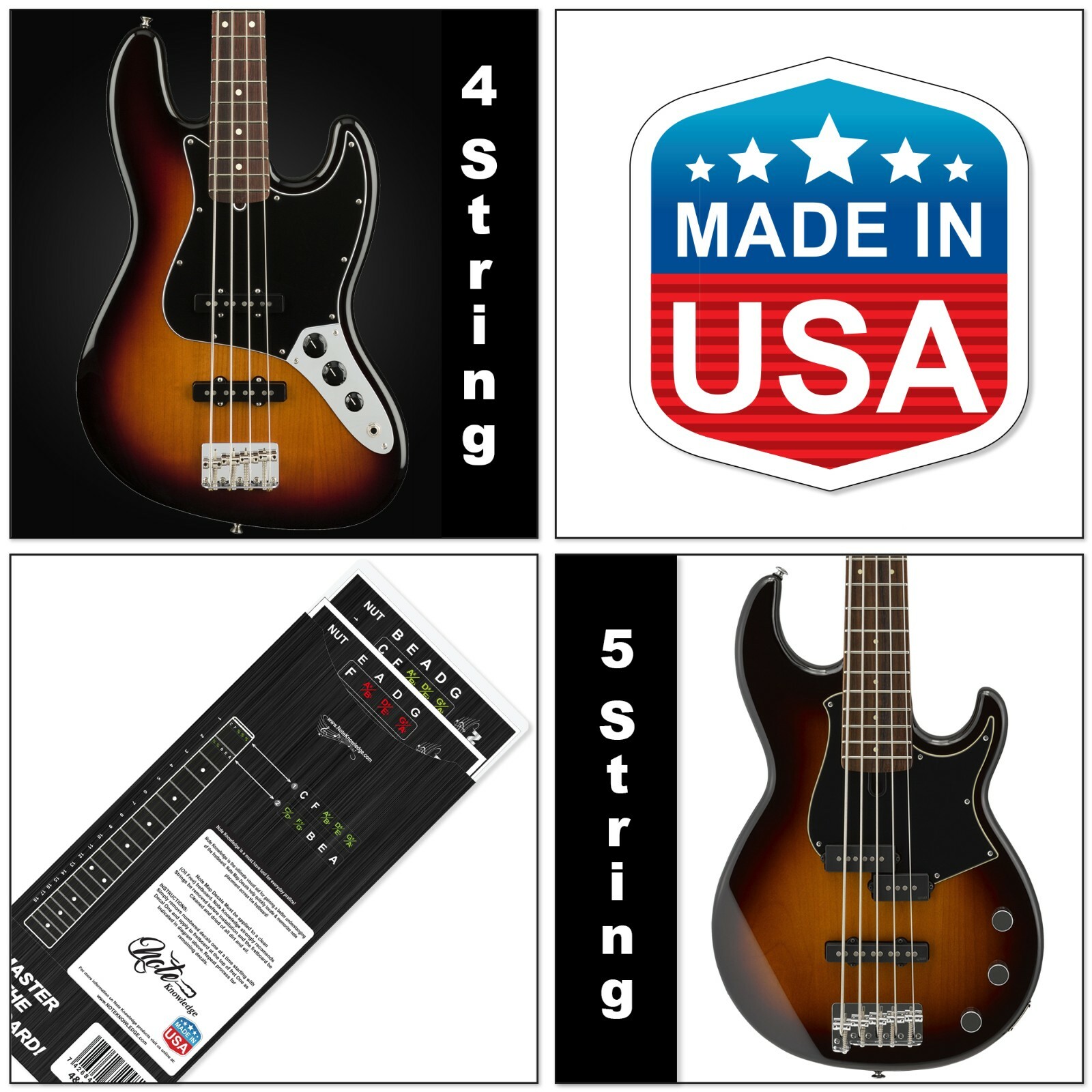 4 and 5 String Bass Guitar Fretboard Note Map Decals/Stickers COMBO-PACK