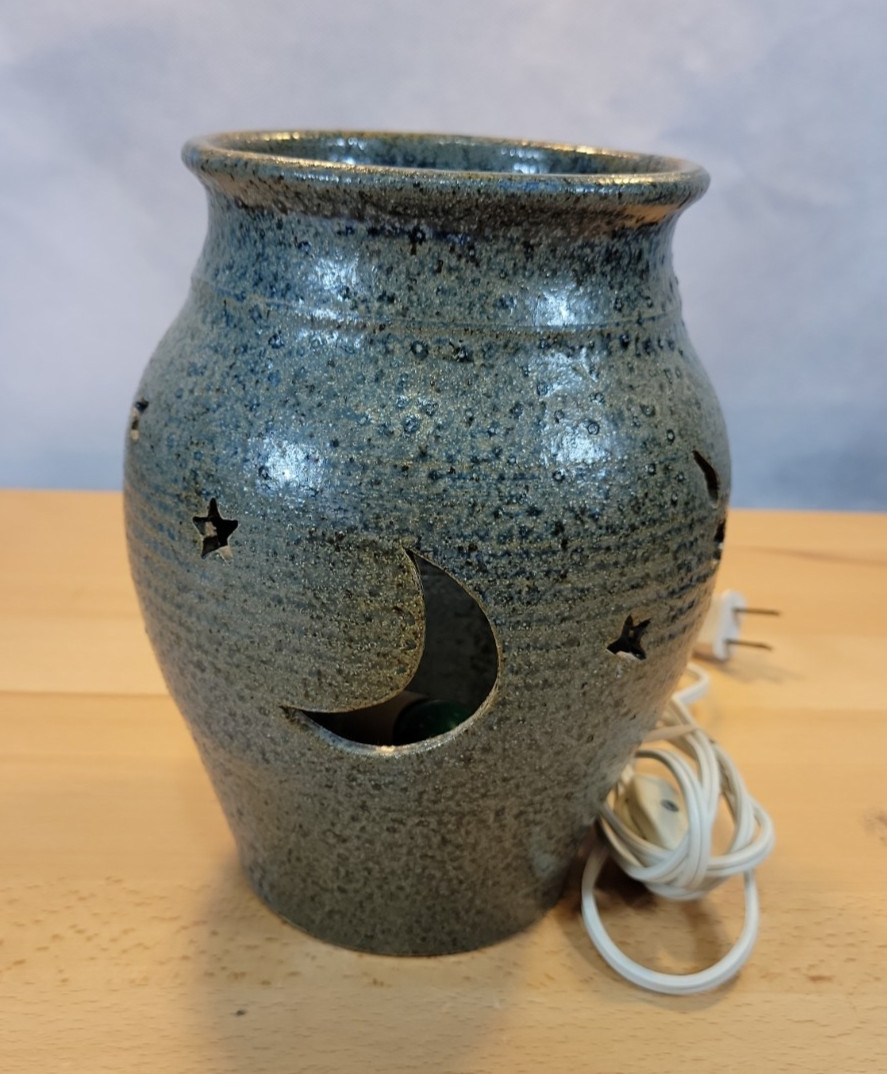 Hand Made Pottery Night Light Moon Stars Electric blue grey 7.5” tall