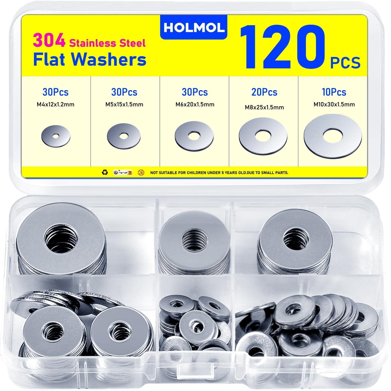 120PCS Washers for Screws, HOLMOL Stainless Steel Flat Washer Assortment with...