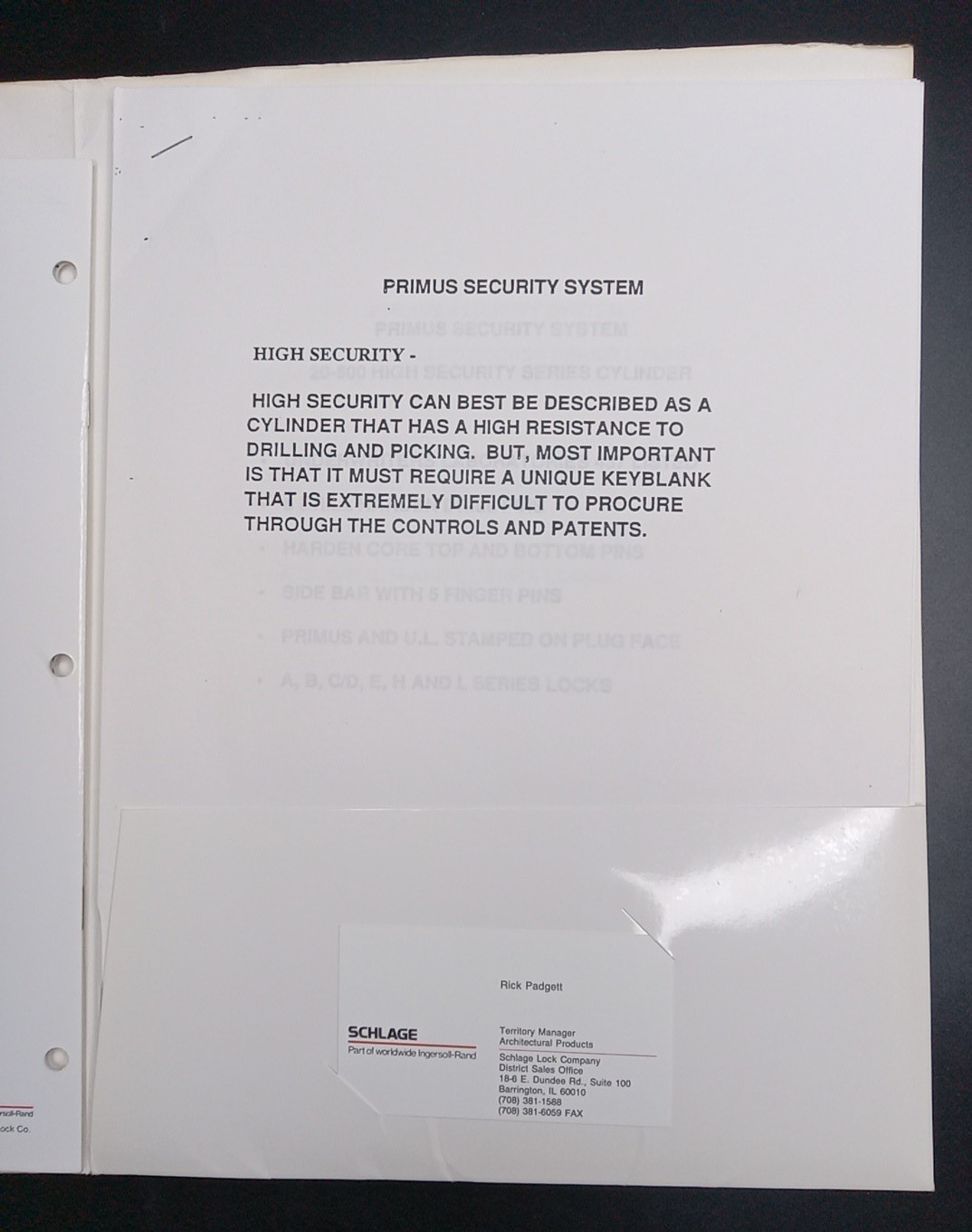 Schlage Primus Lock Users Manual Sales? Folder +