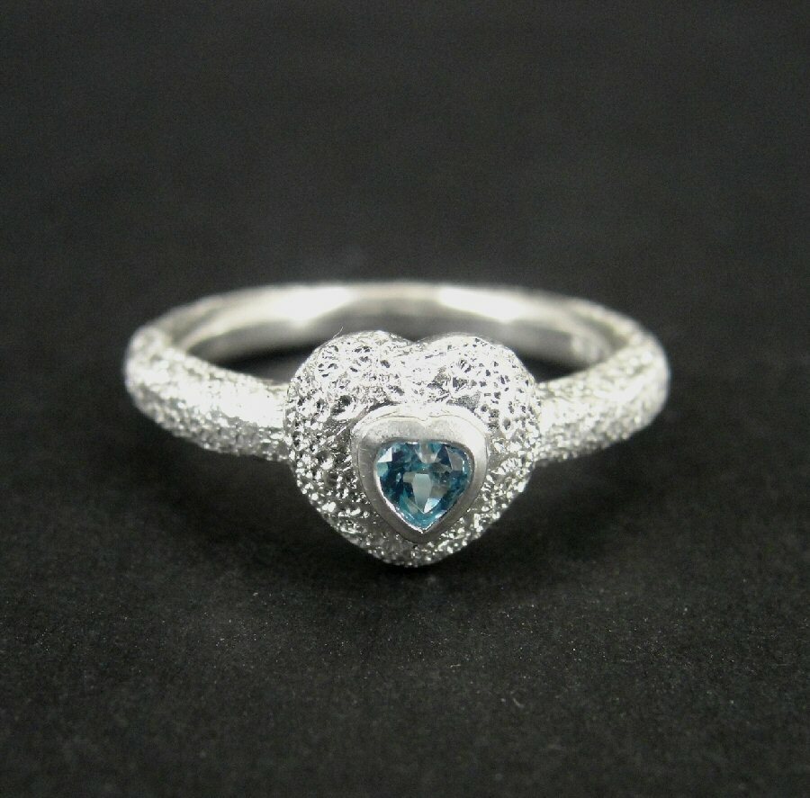 Ring Silver Heart Blue Stone Texture Band Sterling 925 Size 7.25 Band Ring