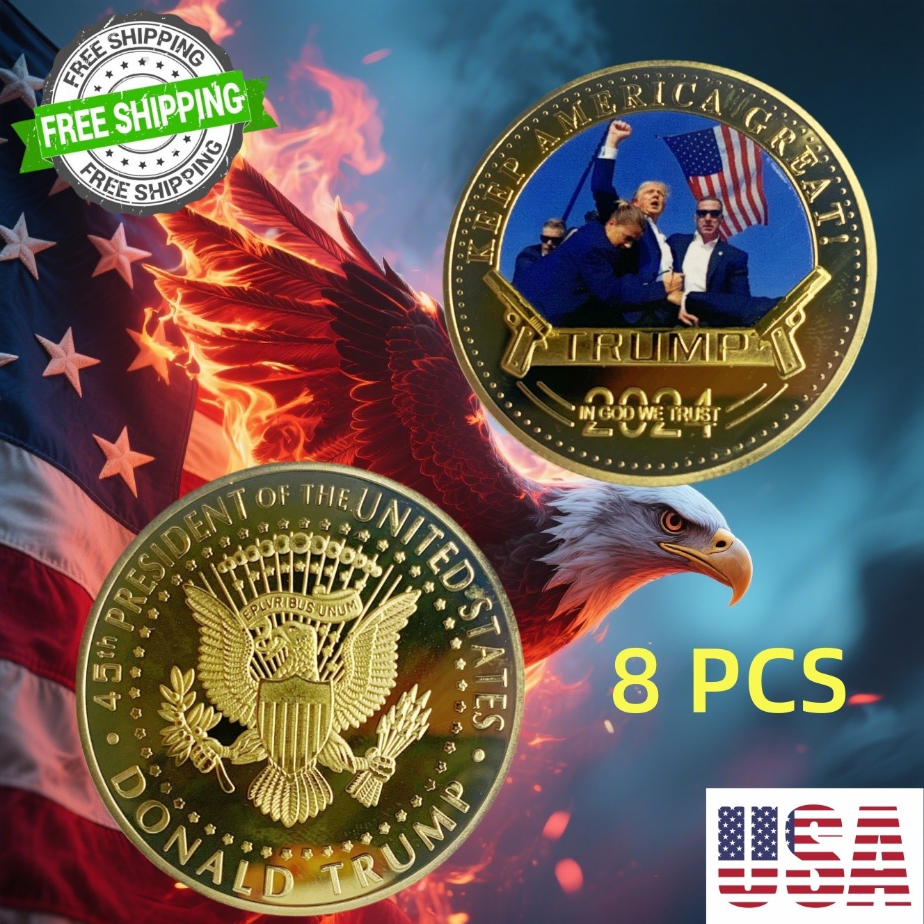 8 PCS 2024 President Trump Commemorative Coin Take America Back Metal Coin