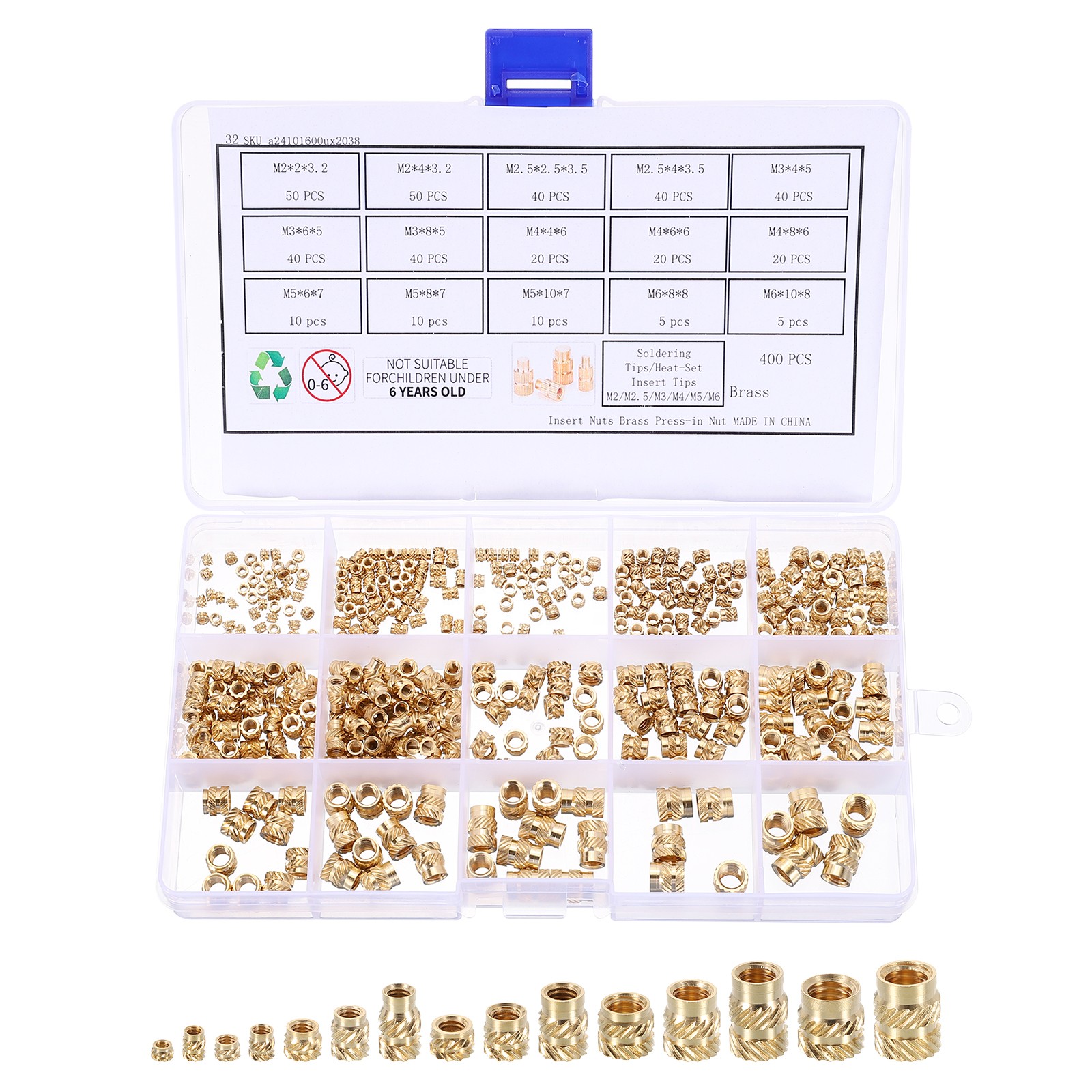 400pcs M2 M2.5 M3 M4 M5 M6 Metric Threaded Insert with Heat Set Insert Tips