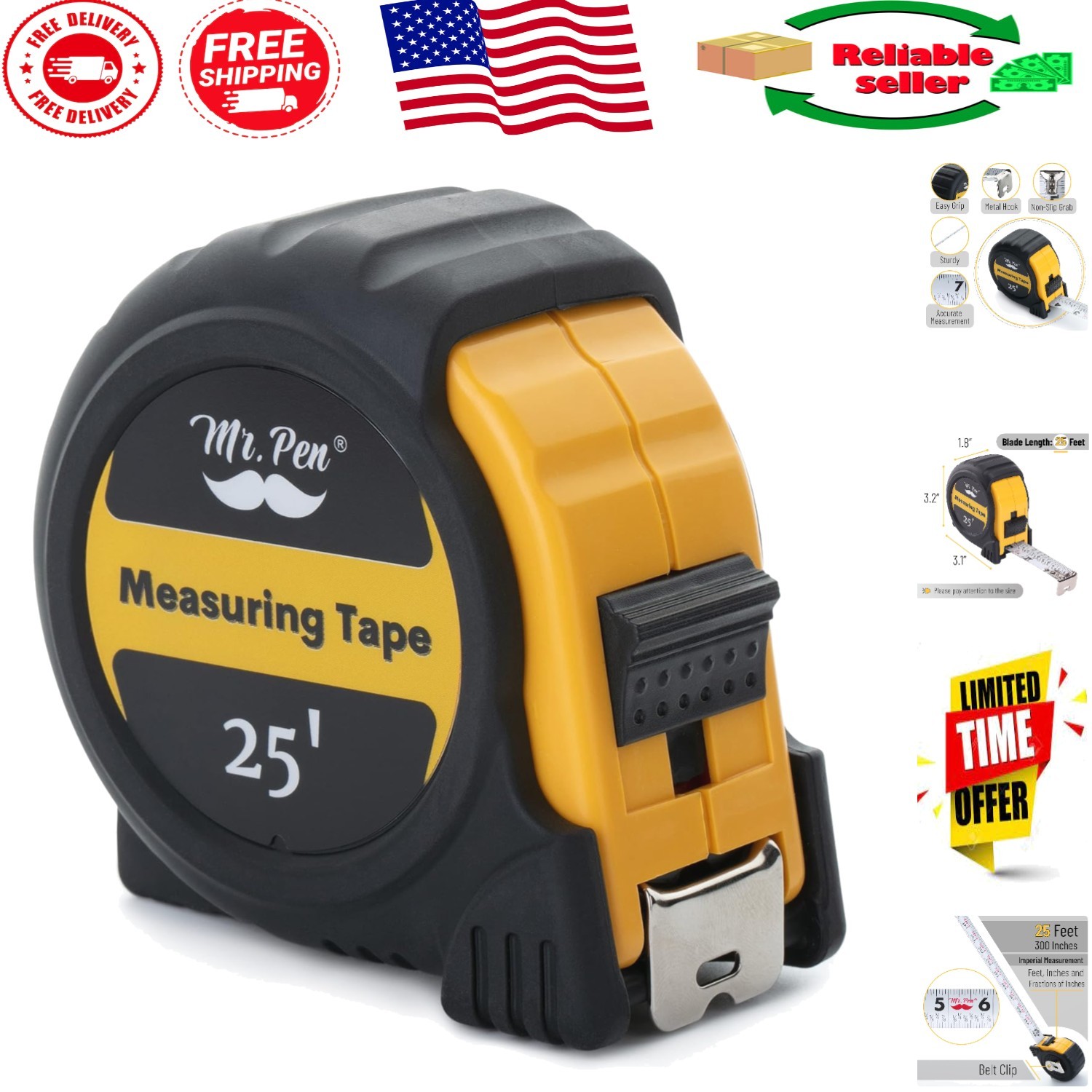 Professional 25-Foot Steel Tape Measure with Easy-To-Read Fraction Markings